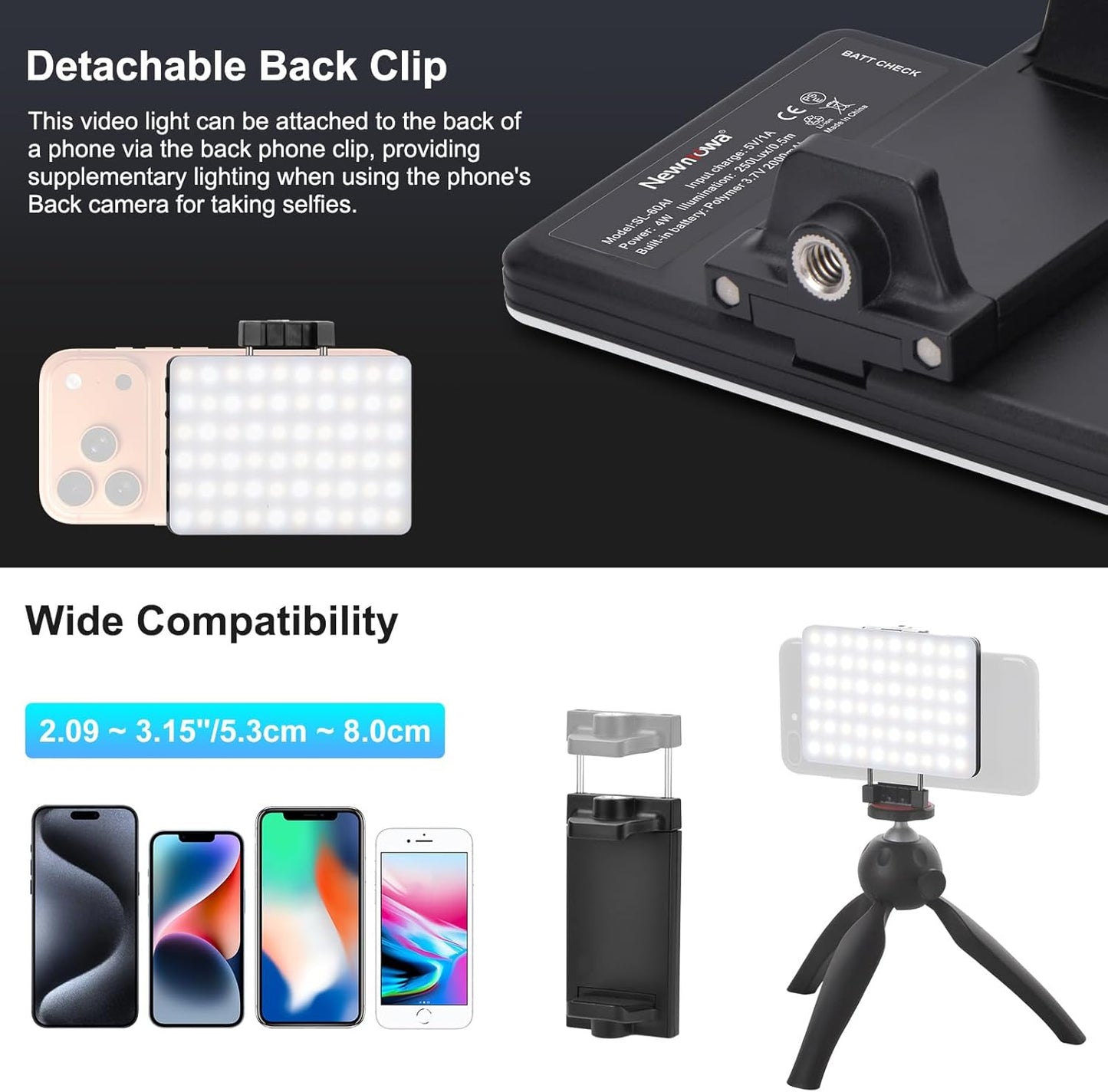 Newmowa 60 LED High Power Rechargeable Clip Fill Video Conference Light with Front & Back Clip, Adjusted 3 Light Modes for Phone, iPhone, Android, iPad, Laptop, for Makeup, TikTok, Selfie, Vlog