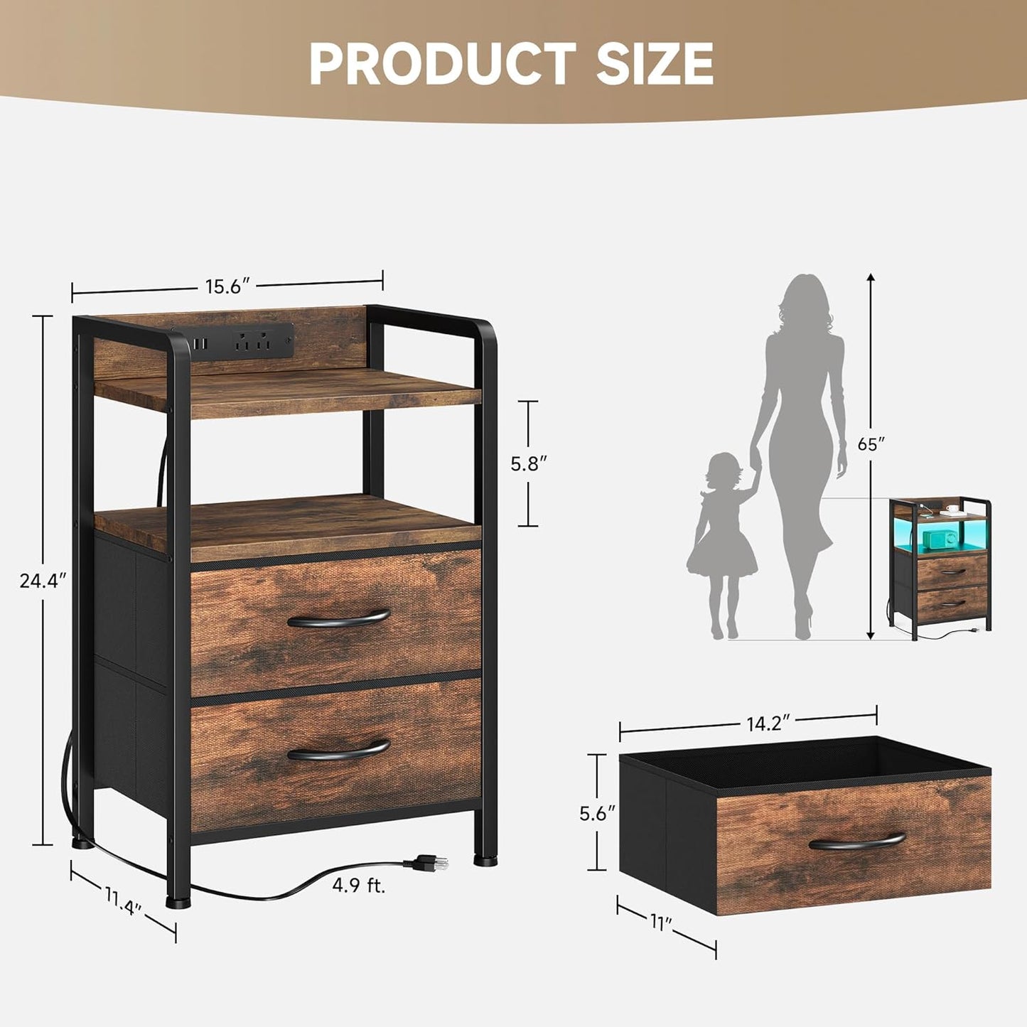 Lazzanto Night Stand Bedside Table Bedroom - Nightstand with Charging Station, Night Stand with LED Light Strip, End Table with U-S-B Ports & AC Outlets, Storage Shelf & 2 Fabric Drawers, Rustic Brown
