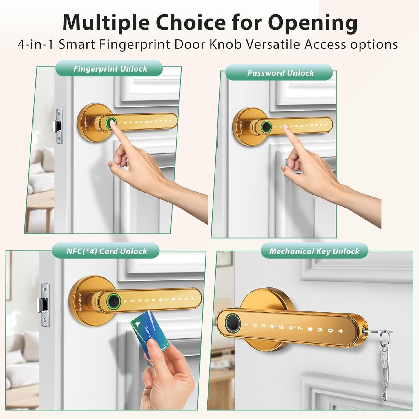 Fingerprint Door Lock Biometric Door Knob with Keypad Keyless Entry, Door Locks for Bedrooms, Home Hotel Office Apartment Gold