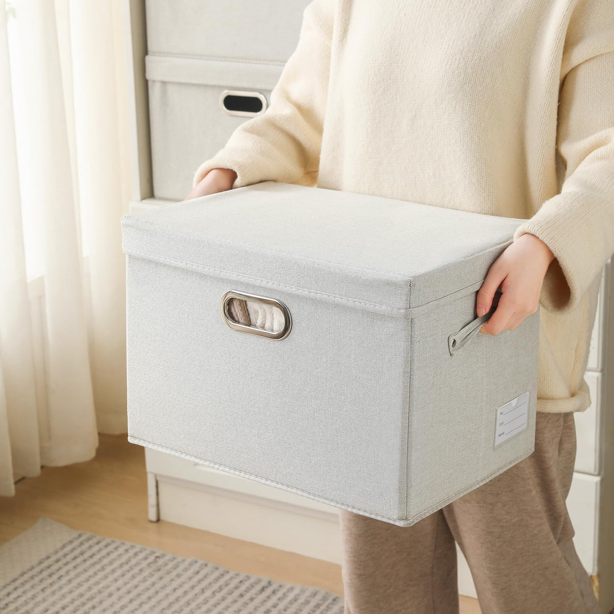 PRANDOM Large Collapsible Storage Bins with Lids [3-Pack] Fabric Foldable Storage Boxes Organizer Containers Baskets Cube with Cover for Home Bedroom Closet Office Beige(17.3x11.8x11.8)