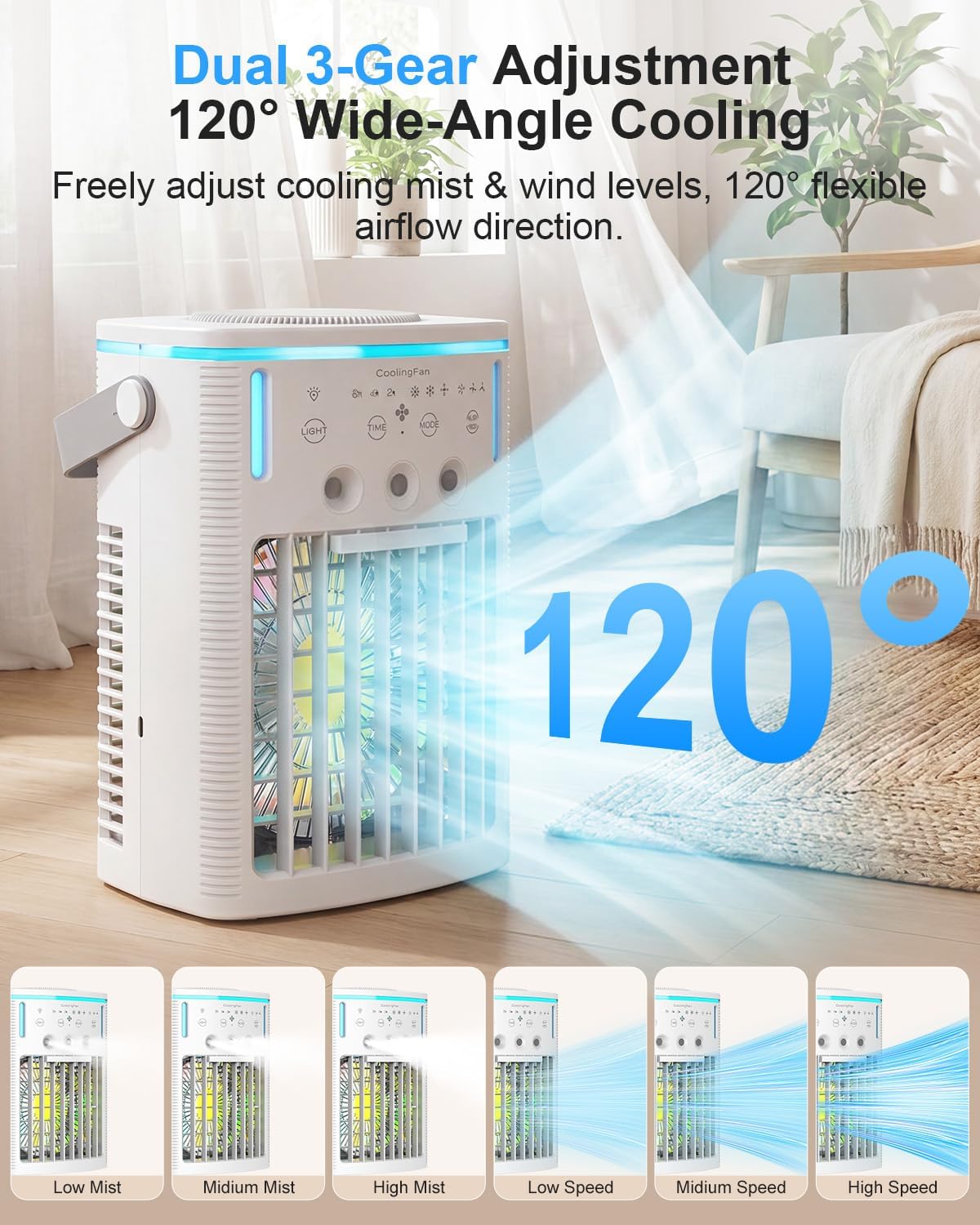 Portable Air Conditioners, Ultra-Quiet Mini AC Fan with 2-4-8H Timer, Remote Control, 3 Speed & Cool Mist, 3 Ultrasonic Nozzles, 7 Color Light, 1000ml Personal Evaporative Air Cooler for Office, Room