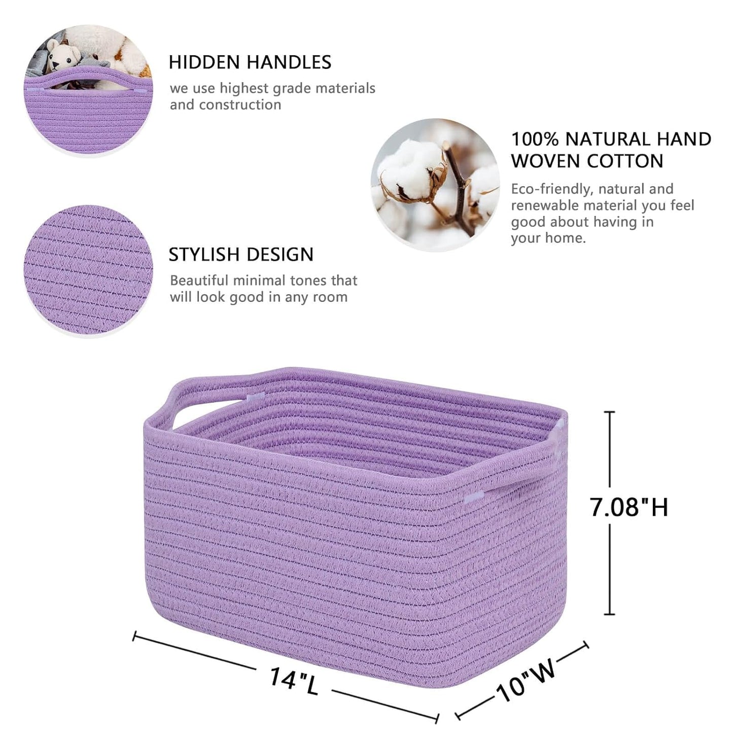 CubesLand Cube Storage Organizer Basket Bin, Cotton Rope Shelves Basket | Durable Woven Rectangular Shelf Basket for Organizing, Nursery Toys Basket, Purple Basket