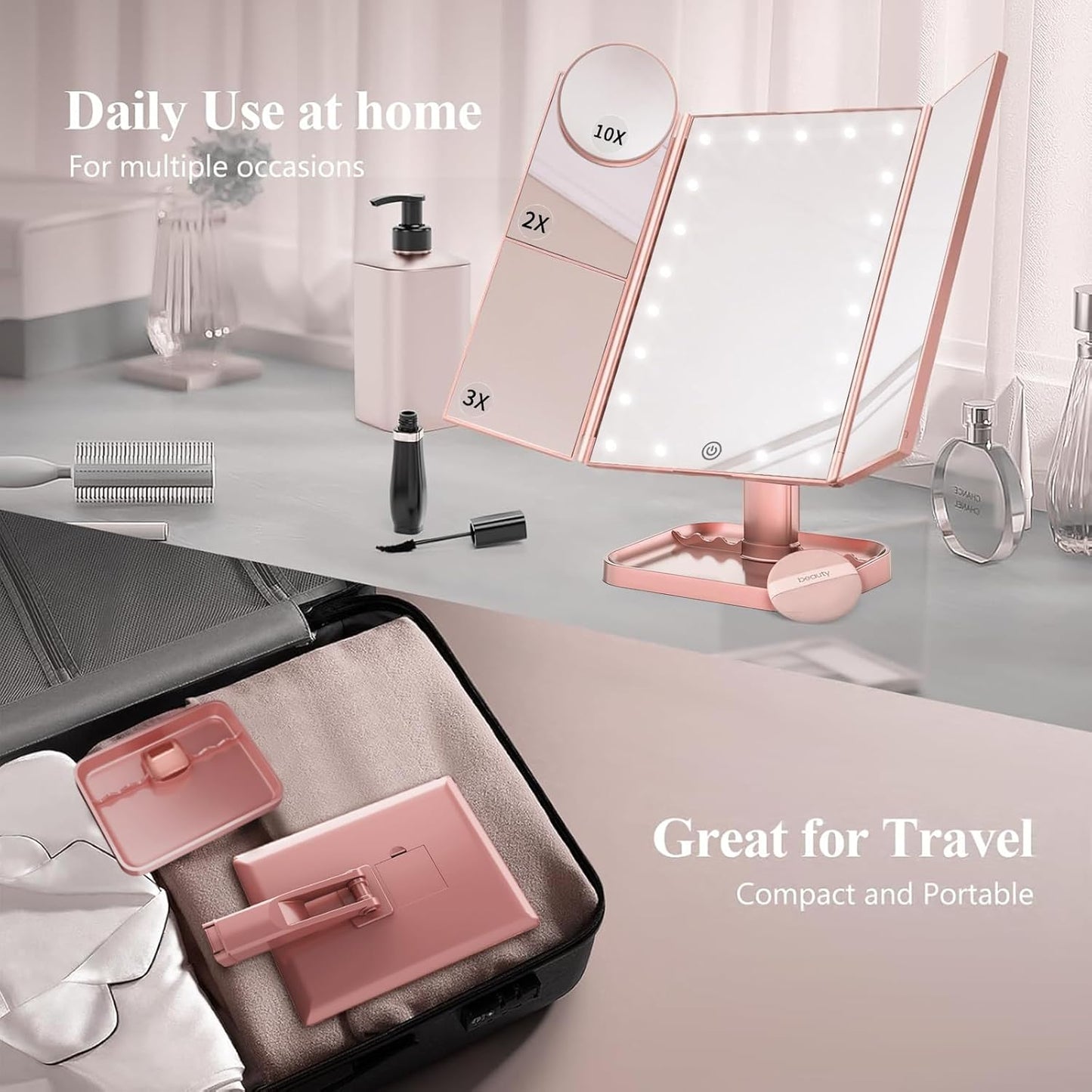 HUONUL Makeup Mirror, Vanity Mirror with Lights, 2X/3X/10X Magnification, Touch Control, Trifold, Dual Power Supply, Birthday Gifts for Women, Wife, Mom, Girls,Dorm Room Essentials