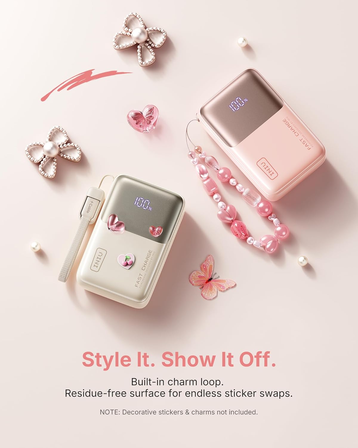 INIU Portable Charger, Ultra Mini 10000mAh 45W Fast Charging Power Bank, USB C Battery Pack with Cable, Flight-Safe Travel Powerbank for Women Girls Cute Nano Compact Sleek, Light Pink