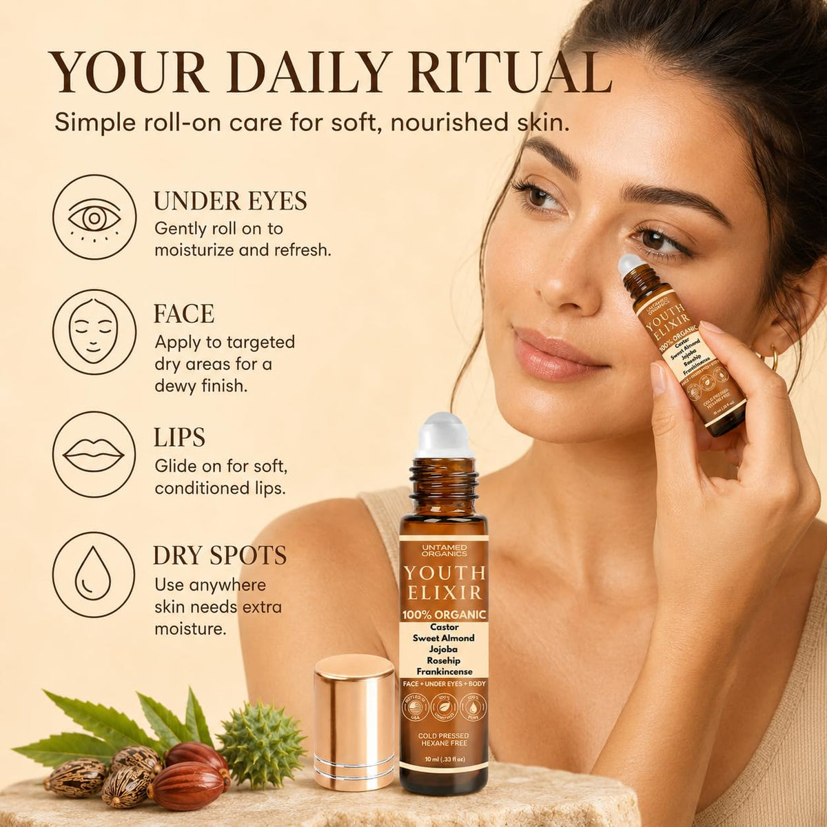 Untamed Organics Youth Elixir - Roll On Facial Serum For Under Eyes and Face with Certified Organic, Cold Pressed, Hexane Free Castor, and Frankincense Oil - Miracle Anti-Aging Oil 10mL