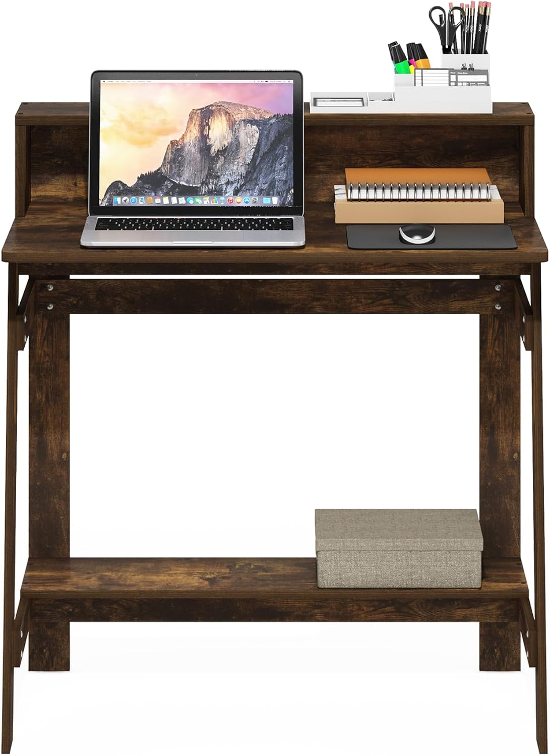 Furinno Simplistic Desk, 32" Wide Gaming Desk with Monitor Stand, A Frame Computer Desk with Shelf, Office Desk for Home Office, Bedroom, Study Room, Dorm, Amber Pine