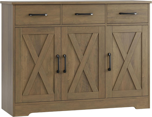 HOSTACK Kitchen Buffet Cabinet with Storage, Sideboard Coffee Bar, Brown | Farmhouse Kitchen Storage Cabinet with 3 Drawers & Adjustable Shelf, 42.5"W Buffet Table for Dining Living Room