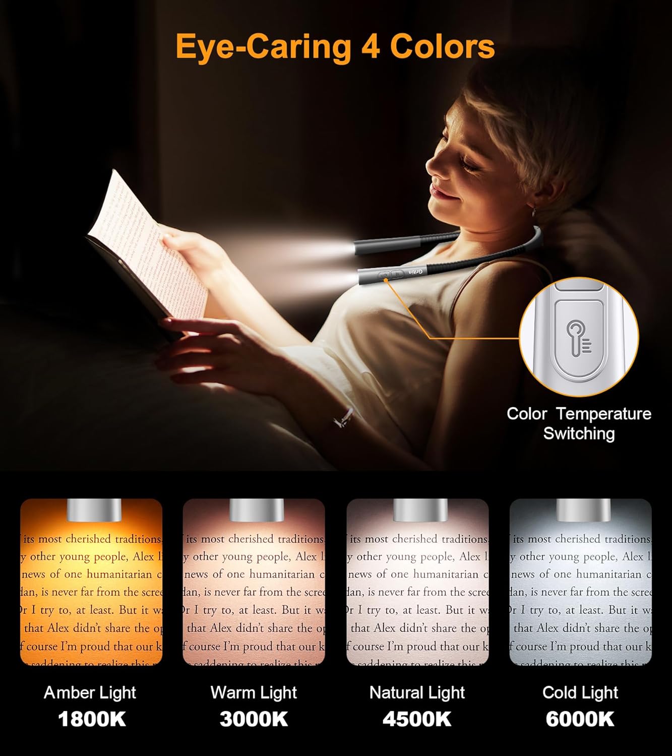 Gritin Book Light, Eye Caring 4-Color & 5-Brightness Neck Light Reading Light- Stepless Dimming,30-min Timer,80+ Hrs Runtime,Bendable Round Neck Design, Lightweight for Reading, Knitting, Repairing