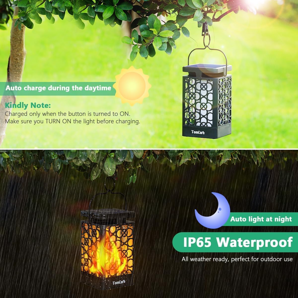 TomCare Solar Lanterns Outdoor Upgraded Flickering Flame Waterproof Hanging Lanterns Decorative Solar Powered LED Lights for Garden Patio Deck Yard, 2 Pack