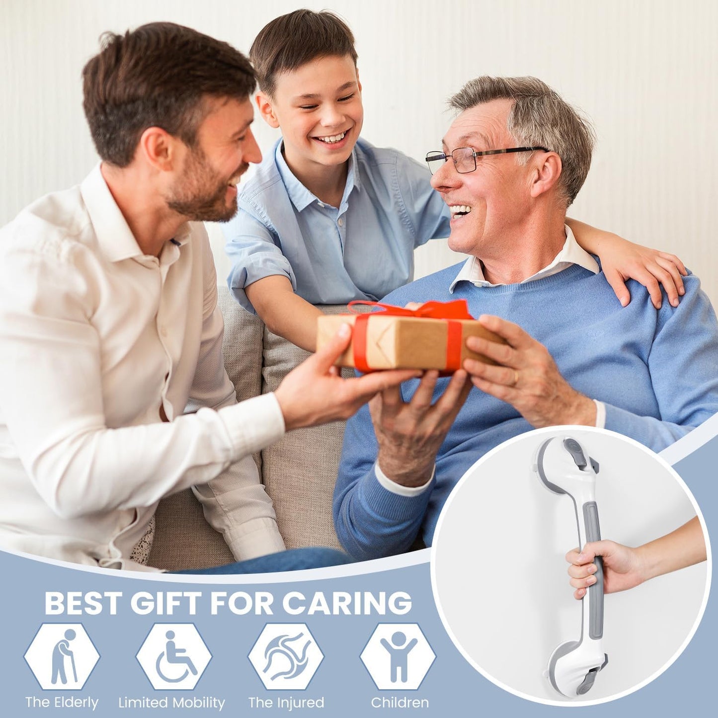Reyiu Grab Bars for Shower, 16.5 Inch Shower Handle with Safety Indicators, Suction Cup Bathroom Grab Bar for Elderly, Seniors, Handicap - No Drill, Waterproof, Removable (2 Pack)