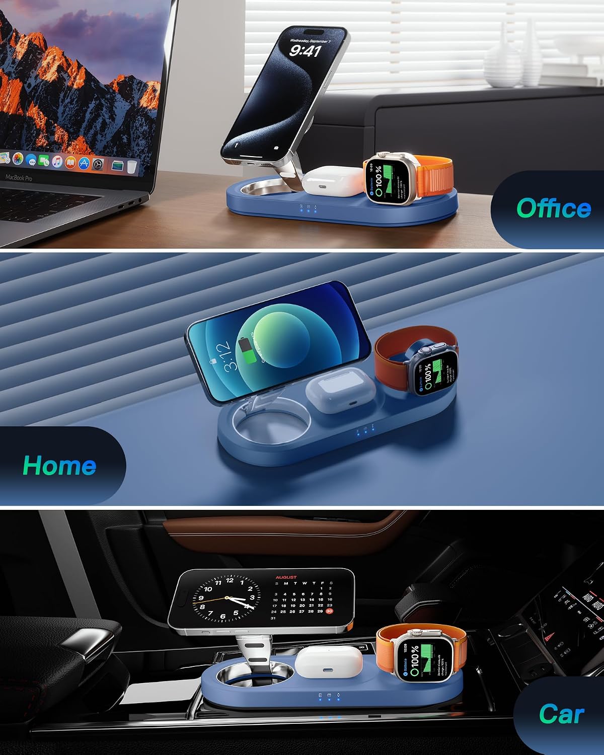 Foldable 3 in 1 Wireless Charging Station for Apple Mag-Safe Charger Stand | Fast Magnetic Wireless Charger Station for iPhone 17 Air 16 15 14 13 12, Apple Watch, AirPods Pro/4/3/2 (Sapphire Blue)