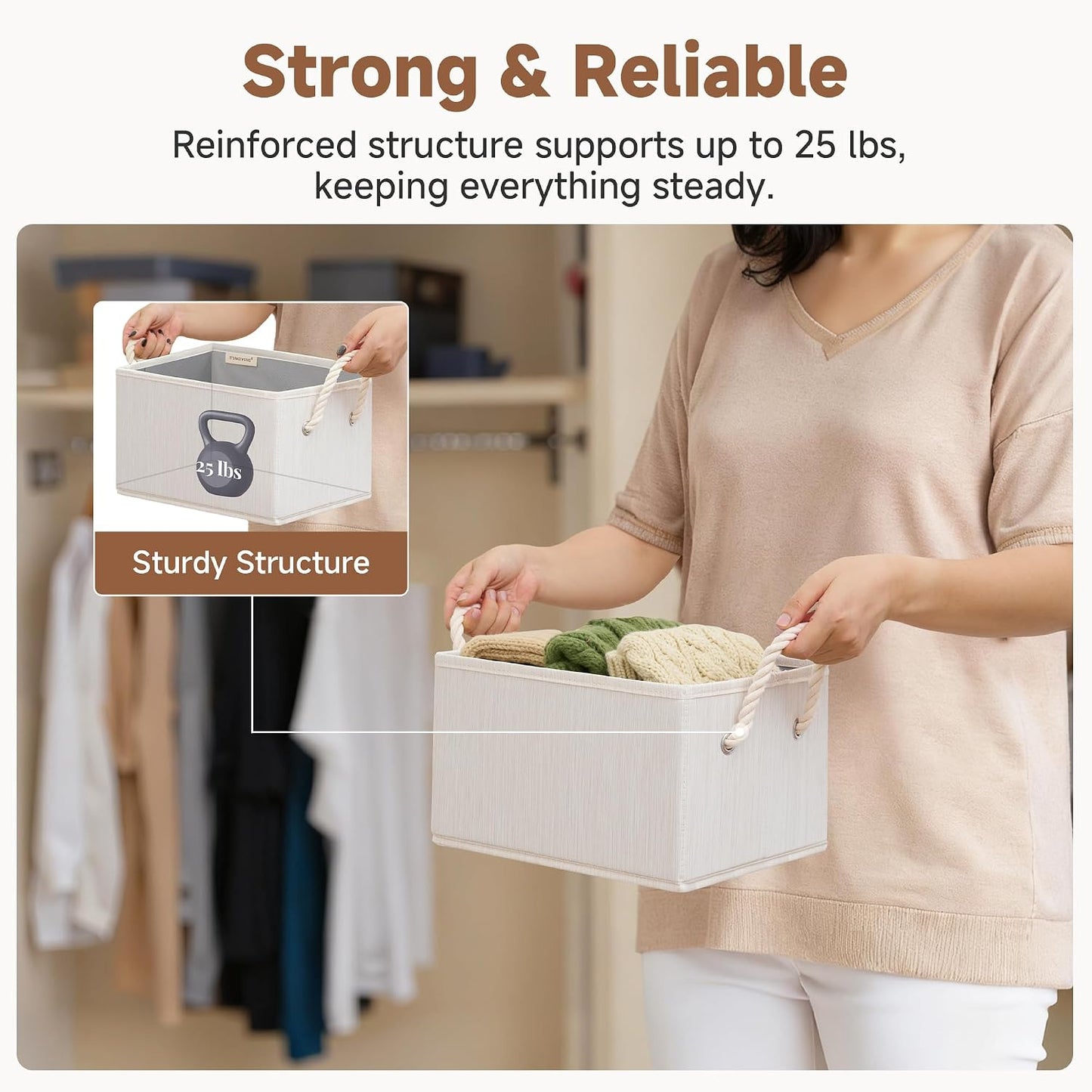 StorageWorks Fabric Storage Bins with Rope Handles, Beige, Small, 3-Pack | Fabric Storage Bins for Shelves, Storage Baskets for Closet Organization, Organizer Bins for Clothes Storage