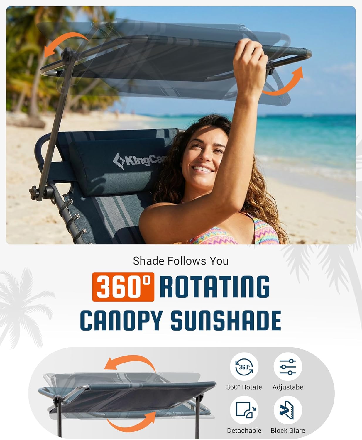 KingCamp Lounge Chair with face Hole & Canopy Shade, 400LBS Folding Portable Tanning Chair with face Hole, Adjustable 5-Position Foldable Beach Sun Tanning Chair for Outside Beach Patio Outdoor Pool