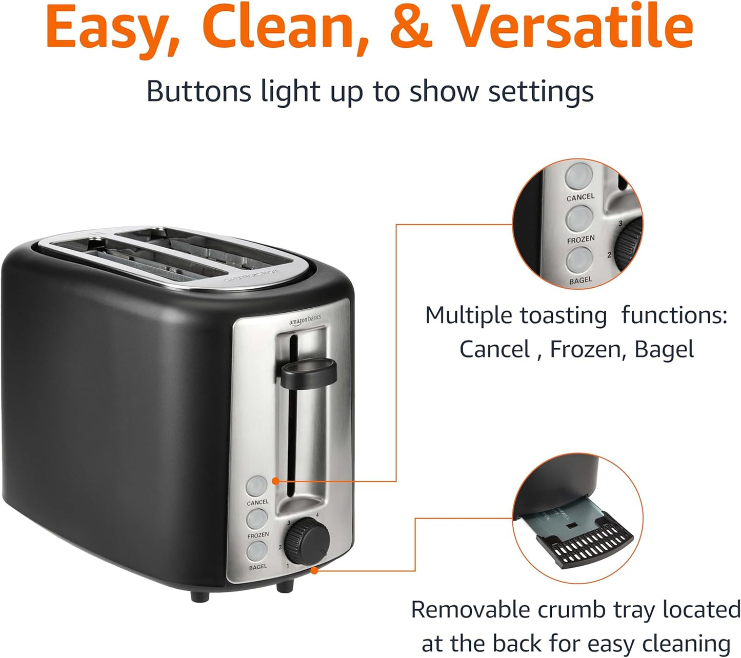 Amazon Basics 2 Slice Toaster, Extra Wide Slots for Bagels, 6 Browning Settings, Removable Crumb Tray, Defrost/Cancel/Bagel Buttons, Cord Wrap, 900W, Black & Silver