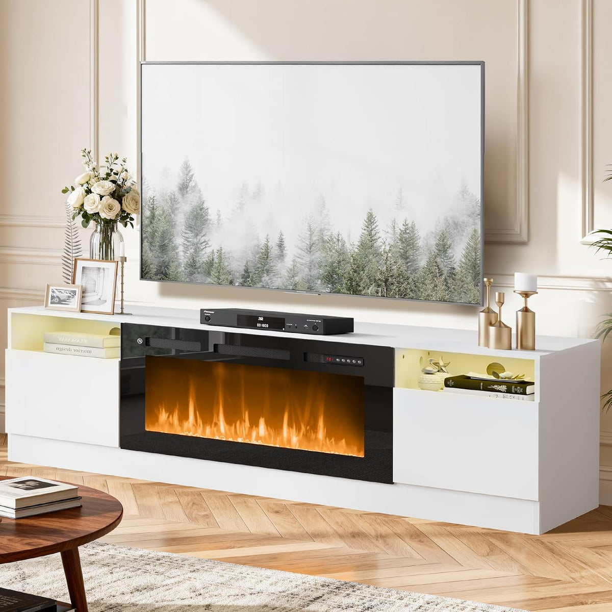 80” TV Stand with 36” Electric Fireplace, Large Modern Media Entertainment Center with Storage Cabinet and 12 Colors LED Lights for TVs Up to 90",White and Black