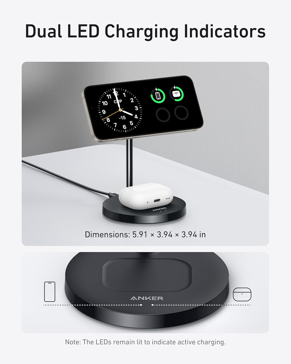 Anker MagSafe Compatible MagGo Charger Stand, iPhone 17 Wireless Charger, 2-in-1 Charging Station, Qi2 Certified 15W Fast Charging, for iPhone 17/16/15/14/13/12, AirPods Pro (Black, No Adapter)