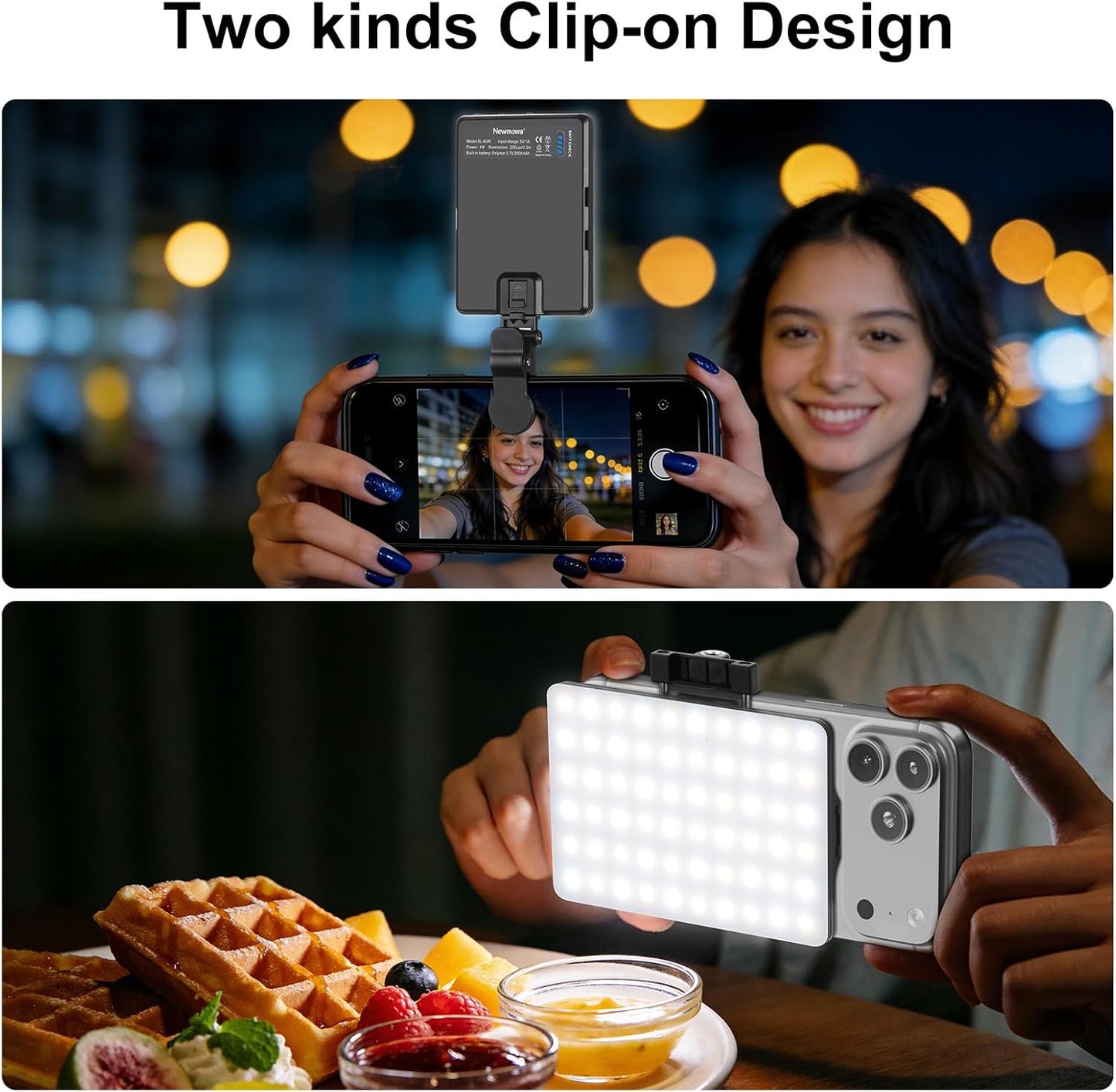 Newmowa 60 LED High Power Rechargeable Clip Fill Video Conference Light with Front & Back Clip, Adjusted 3 Light Modes for Phone, iPhone, Android, iPad, Laptop, for Makeup, TikTok, Selfie, Vlog