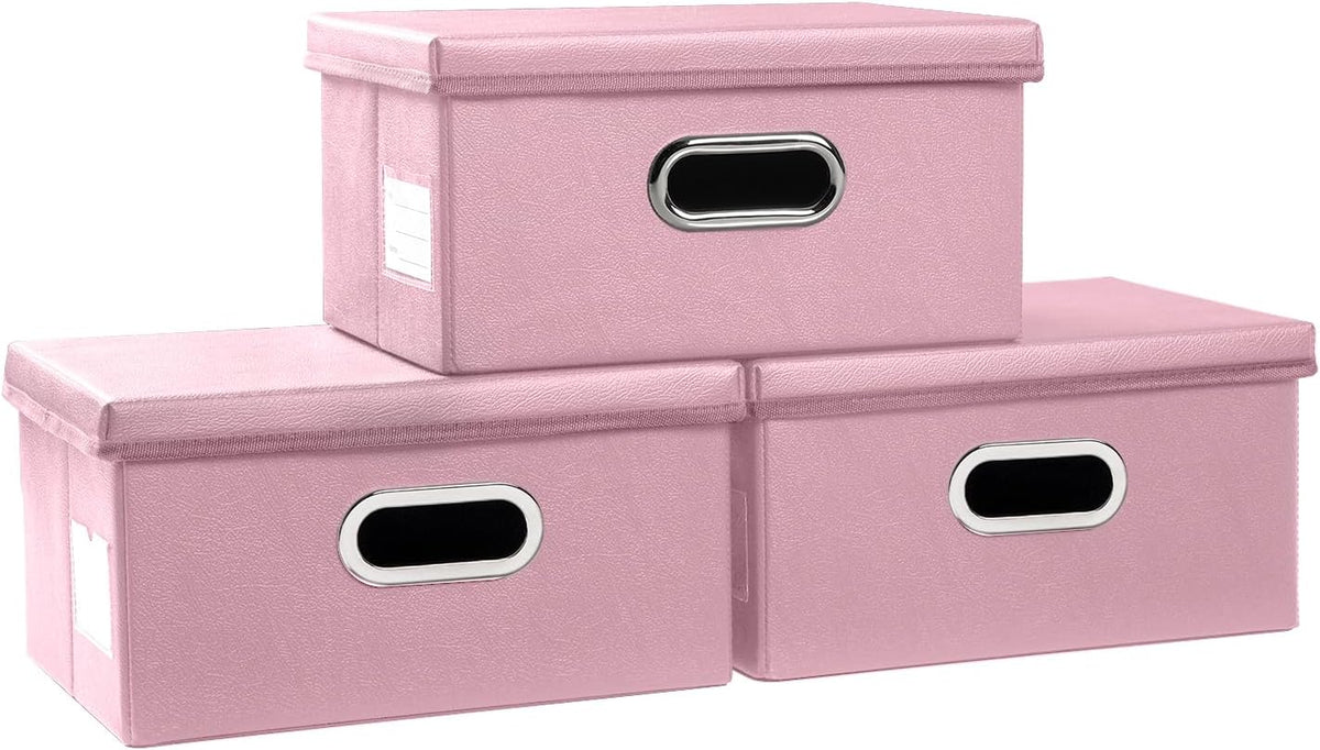 PRANDOM Foldable Storage Bins with Lids [5-Pack] Leather Fabric Collapsible Storage Boxes Organizer Containers Baskets Cube with Cover for Bedroom Closet Office Nursery White (14.9x10.8x10)