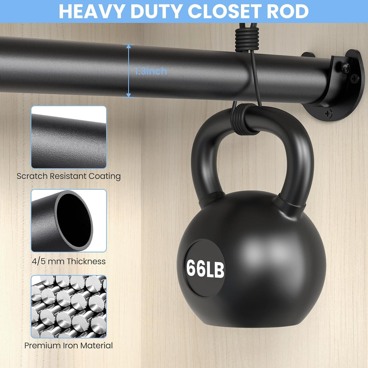 Closet Rod, 17-99in Stepless Adjuatable closet rods for Hanging Clothes