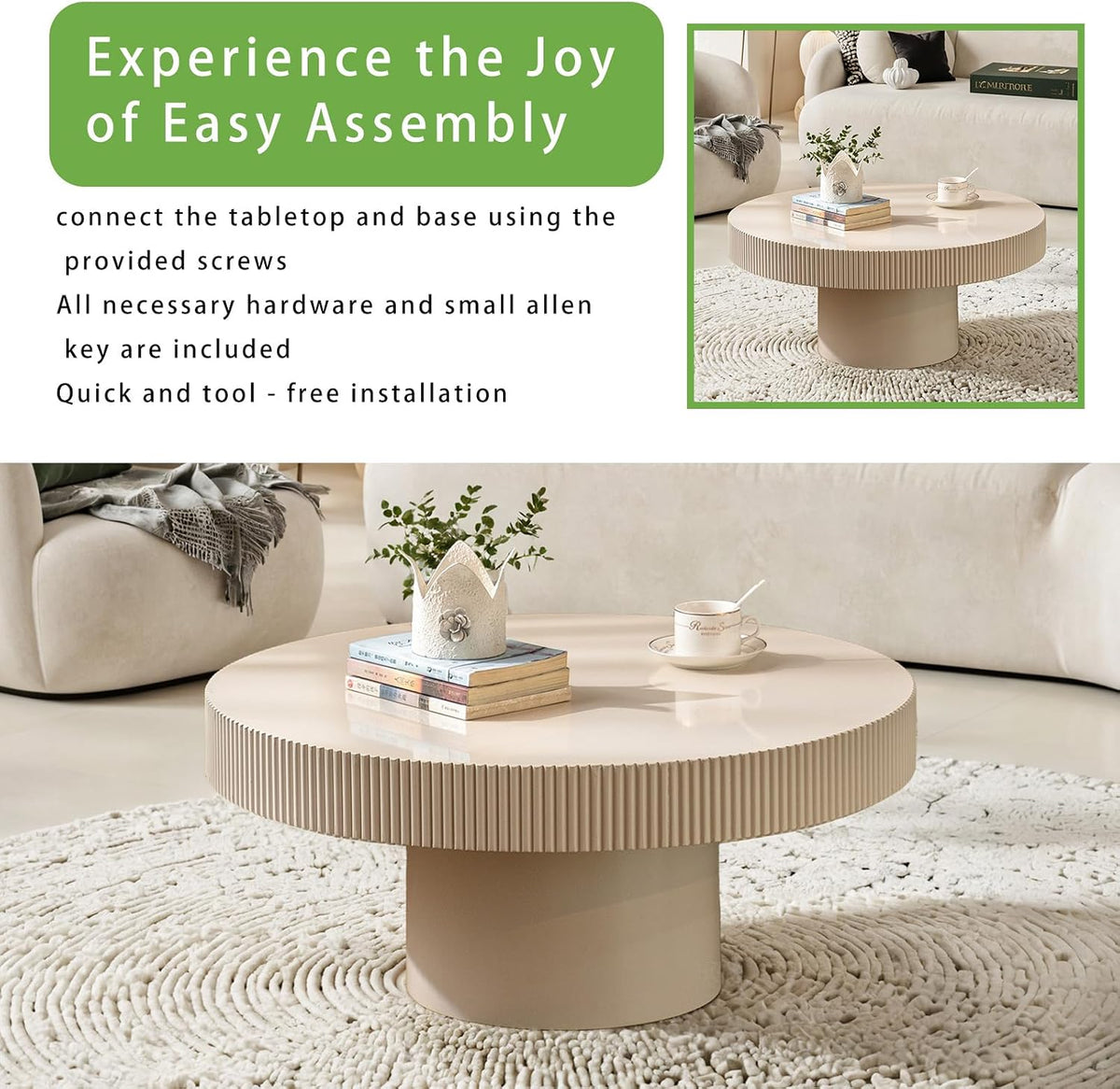 Modern Round Coffee Table for Living Room (Ivory White Thin)