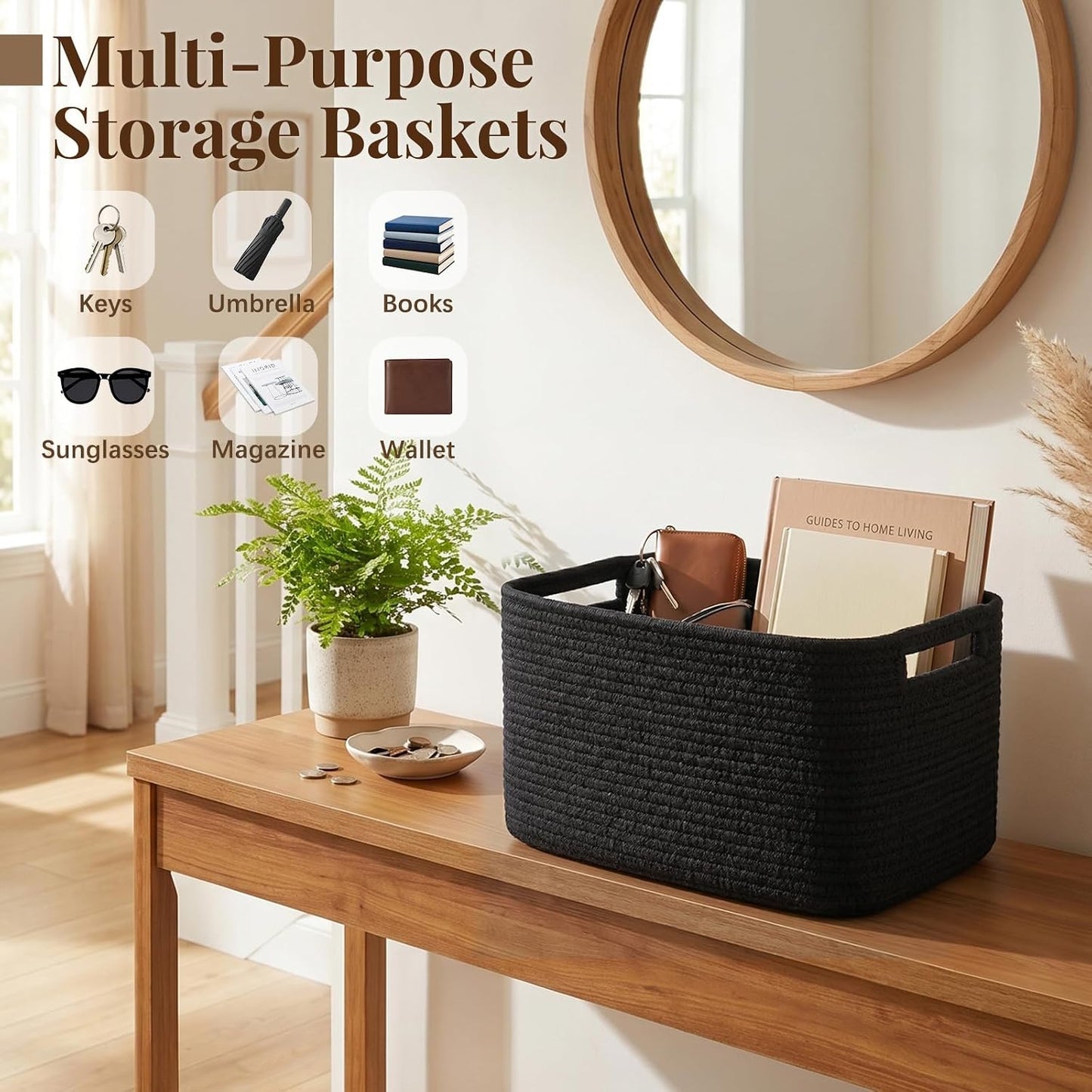 OIASKET 4Packs Natural Cotton Rope Storage Baskets for Organizing Toys, Clothes, Towels & Books, Soft Versatile Organizers for Shelves, Home Decorative Bins, 13''Lx9''Wx7.8''H, Black