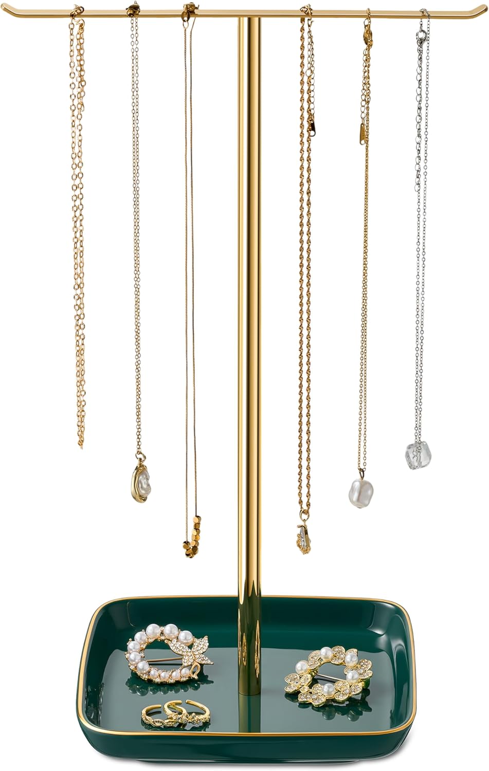 Jewelry Holder Stand with Ceramic Base: 12" Tall Necklace Organizer Rack, Tree Design Display Storage for Necklaces, Bracelets, Rings, Earrings, Aesthetic Room Décor for Girls and Women, Green