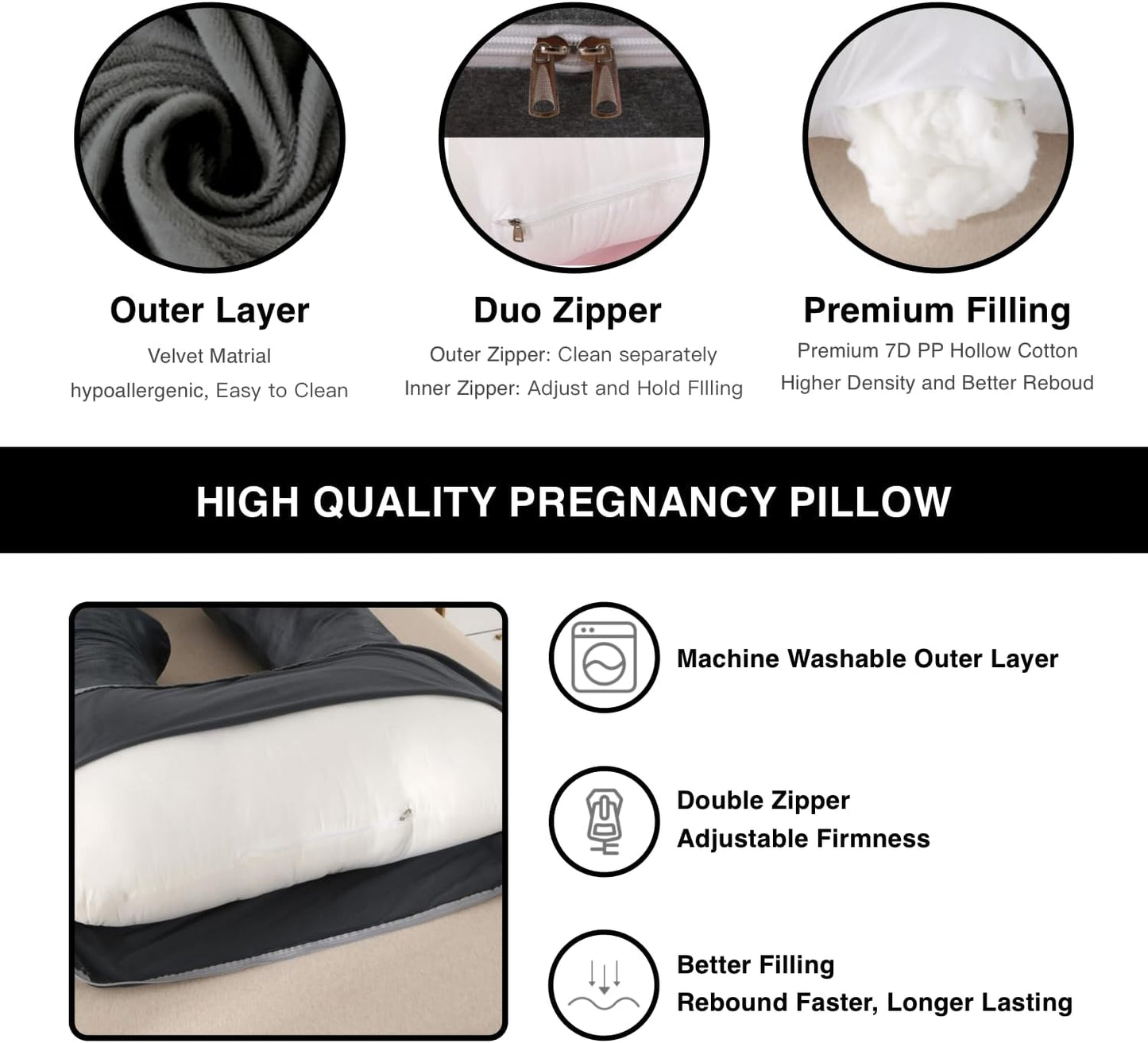 ALLOPERA 57 Inch Pregnancy Pillow for Sleeping, Full Body Support Pillow with Removable Washable Cover for Maternity Comfort, Black Grey Velvet Cover