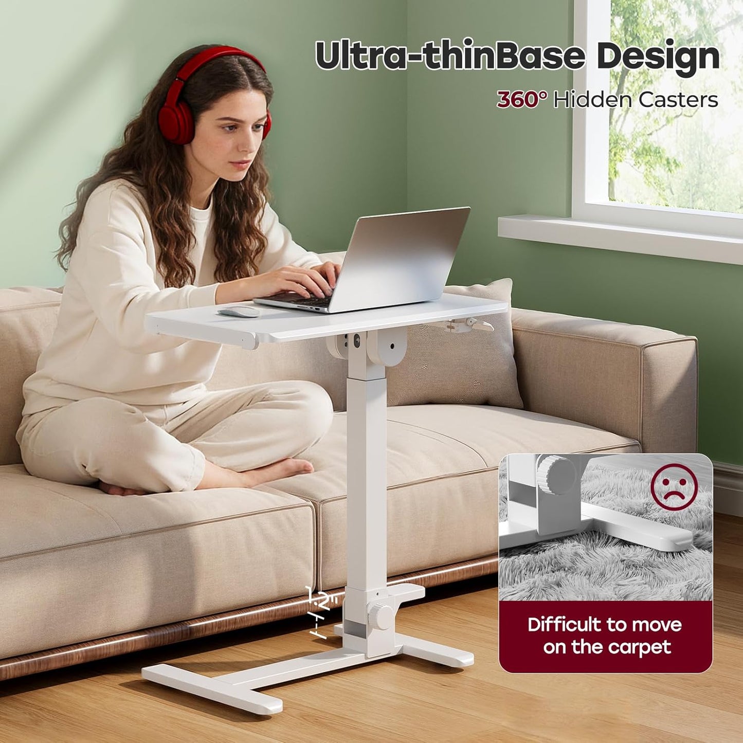 Foldable Mobile Standing Desk, 27 Inch Small Rolling Laptop Cart Height Adjustment, 90° Tiltable Bedside Table, No Assembly Needed Portable Computer Workstation, White