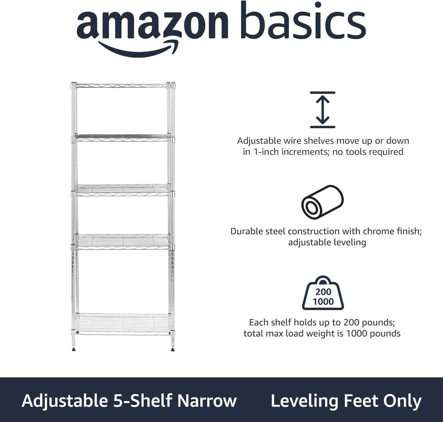 Amazon Basics 5-Shelf Adjustable Storage Shelving Unit for Garage, Steel Wire Rack, 200 Pound Loading Capacity per Shelf, 23.2" x 13.4" x 60", Chrome Finish