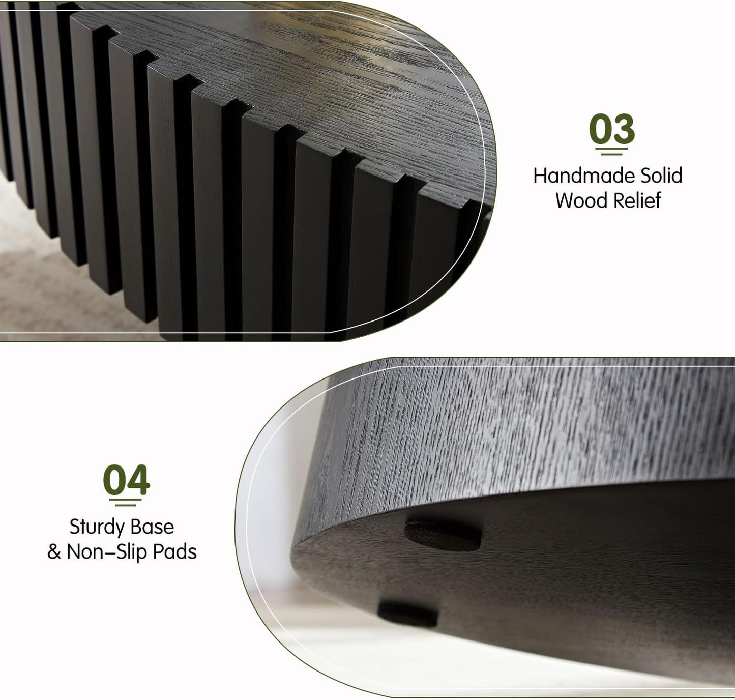 Black Oval Fluted Coffee Table for Living Room (43" Oval Black) | Handcrafted Relief, Wood Drum Coffee Table, for Office Outdoor
