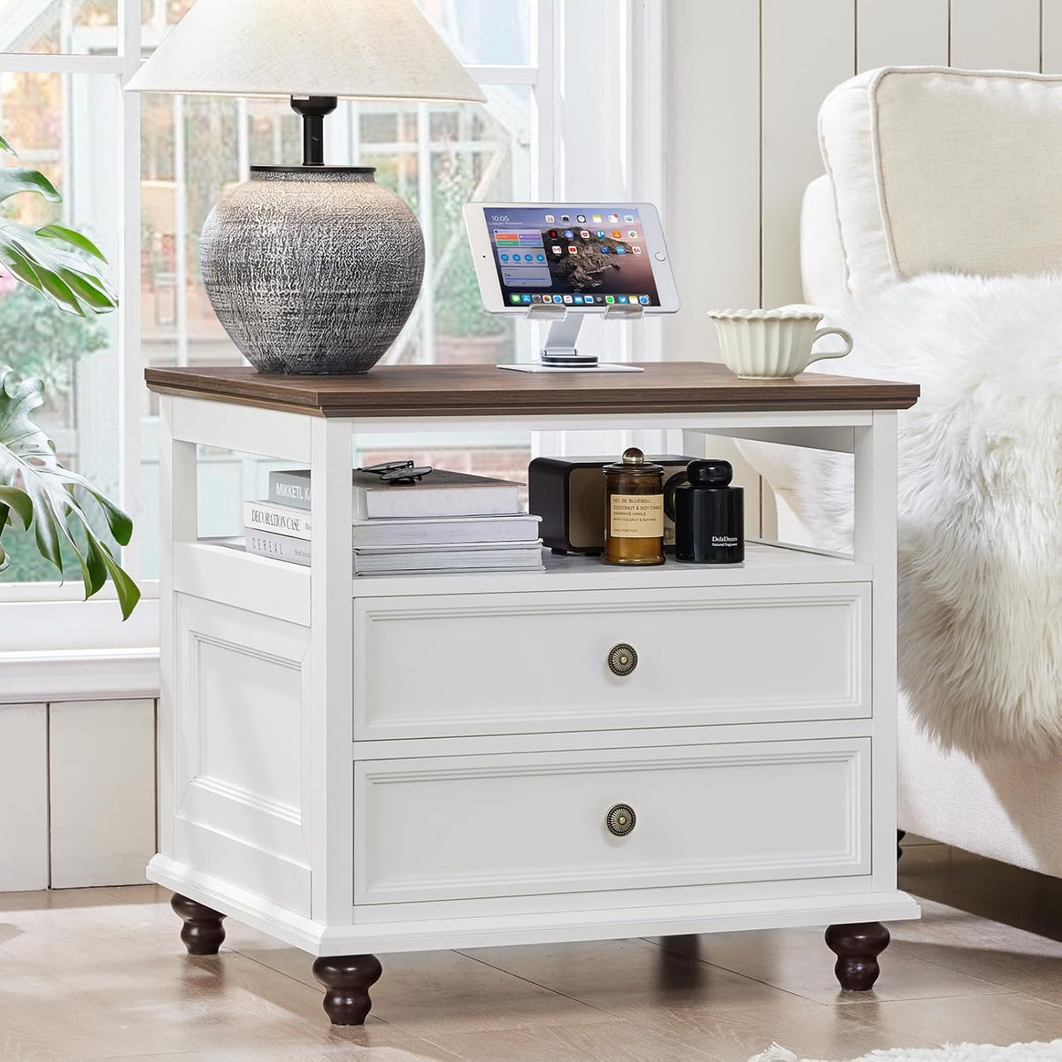 Joaxswe 24" Wide Farmhouse Night Stand,Large End Table with 2 Drawers & Metal Handle,Wood Dresser for Bedroom, White Bed Side Table Chest of Drawers Cabinet,Nightstand for Living Room,Closet