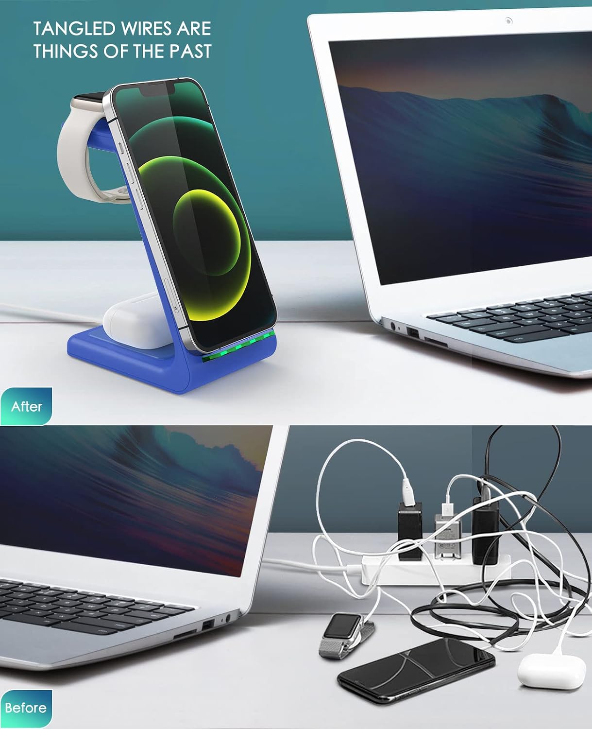 3 in 1 Wireless Charging Station, 2026 Upgraded Fast Desk Charger Station for iPhone 17 16 15 14 13 12 Pro Max Plus, Charger Stand for Apple Watch 10 9 8 7 6 5 4 3 2 SE, Airpods 4 3 2 Pro(Blue)