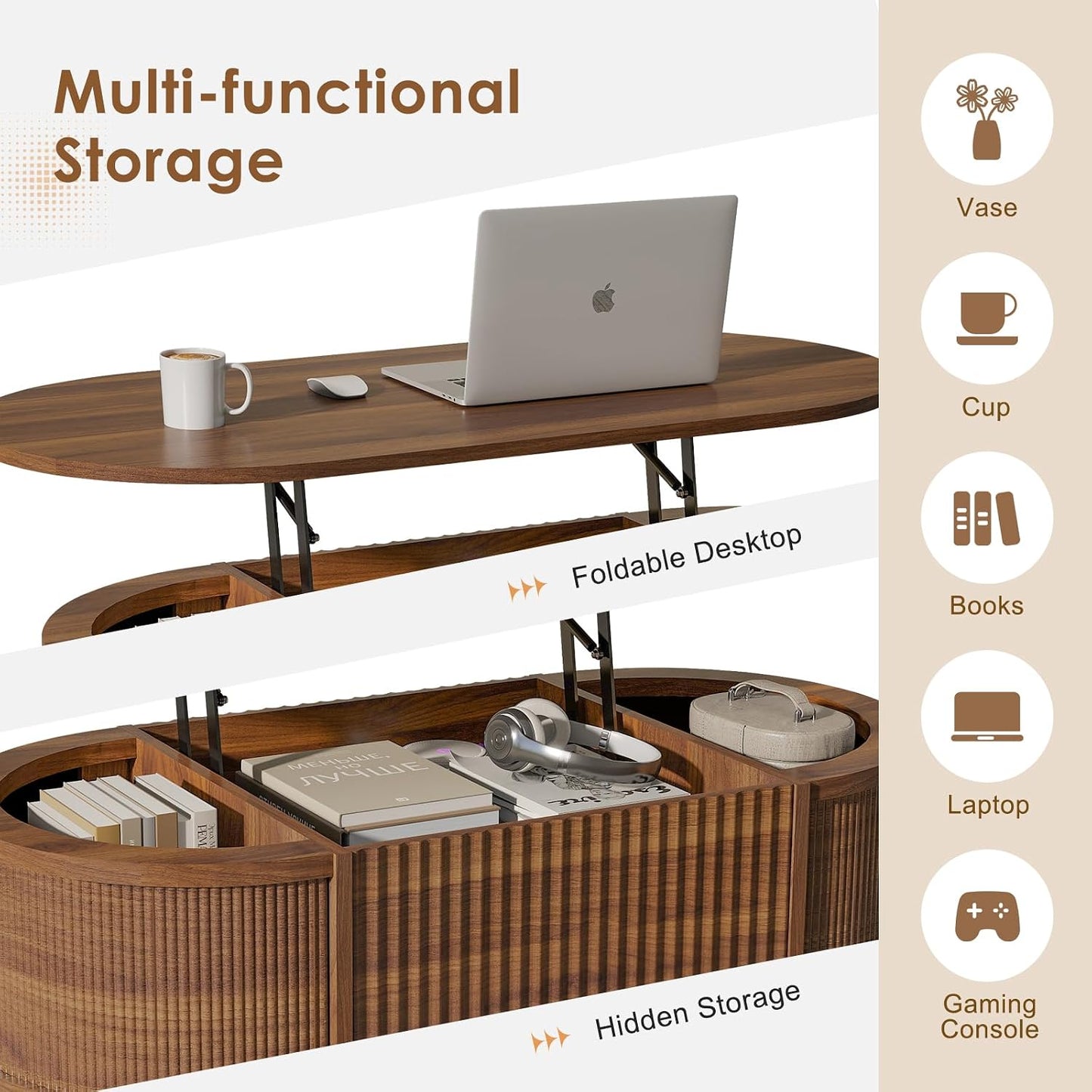 LYNCOHOME 43.3'' Fluted Lift Top Coffee Table with Storage,Modern Oval Coffee Table for Living Room or Home Office（Walnut）