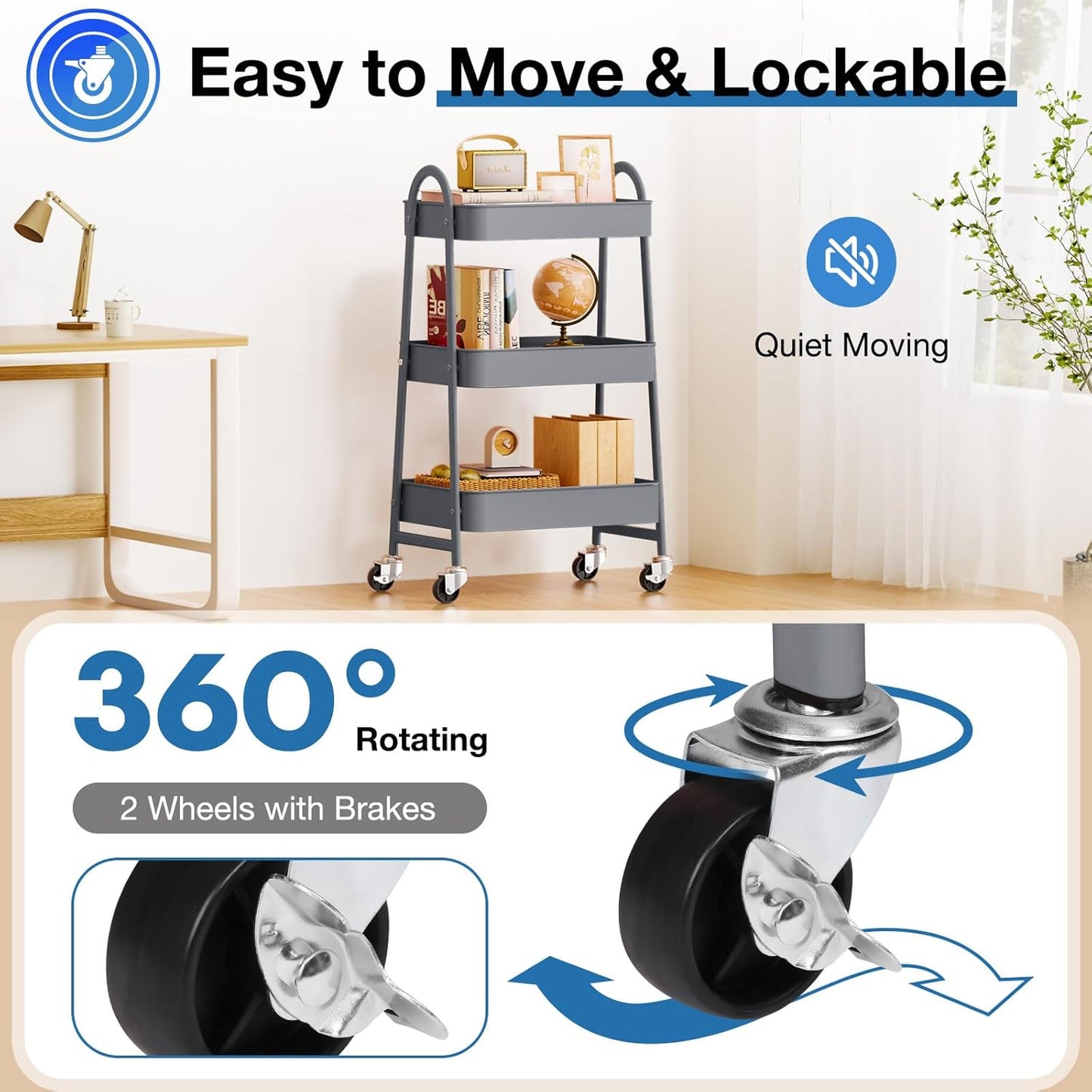 OLIXIS Metal 3 Tiers Utility Rolling Cart, Mobile Storage Shelf with Lockable Caster Wheels, Organization for Livingroom, Bathroom & Narrow Places, Gray