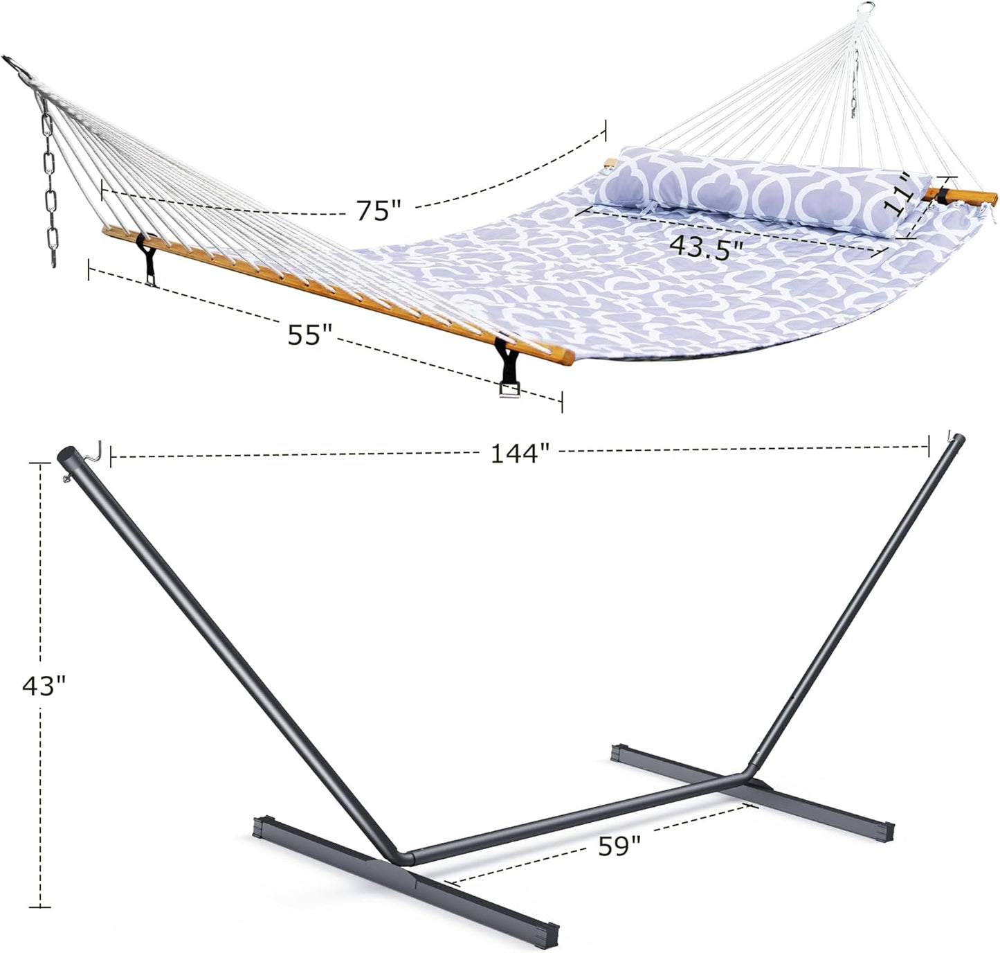 ANAGOO Double Hammock with Stand, Heavy Duty Outdoor Hammock for Two, 500 LBS Capacity, Stable Steel Frame with Balance Strap, Easy Tool-Free Assembly for Patio, Garden, Backyard & Beach,White Grey