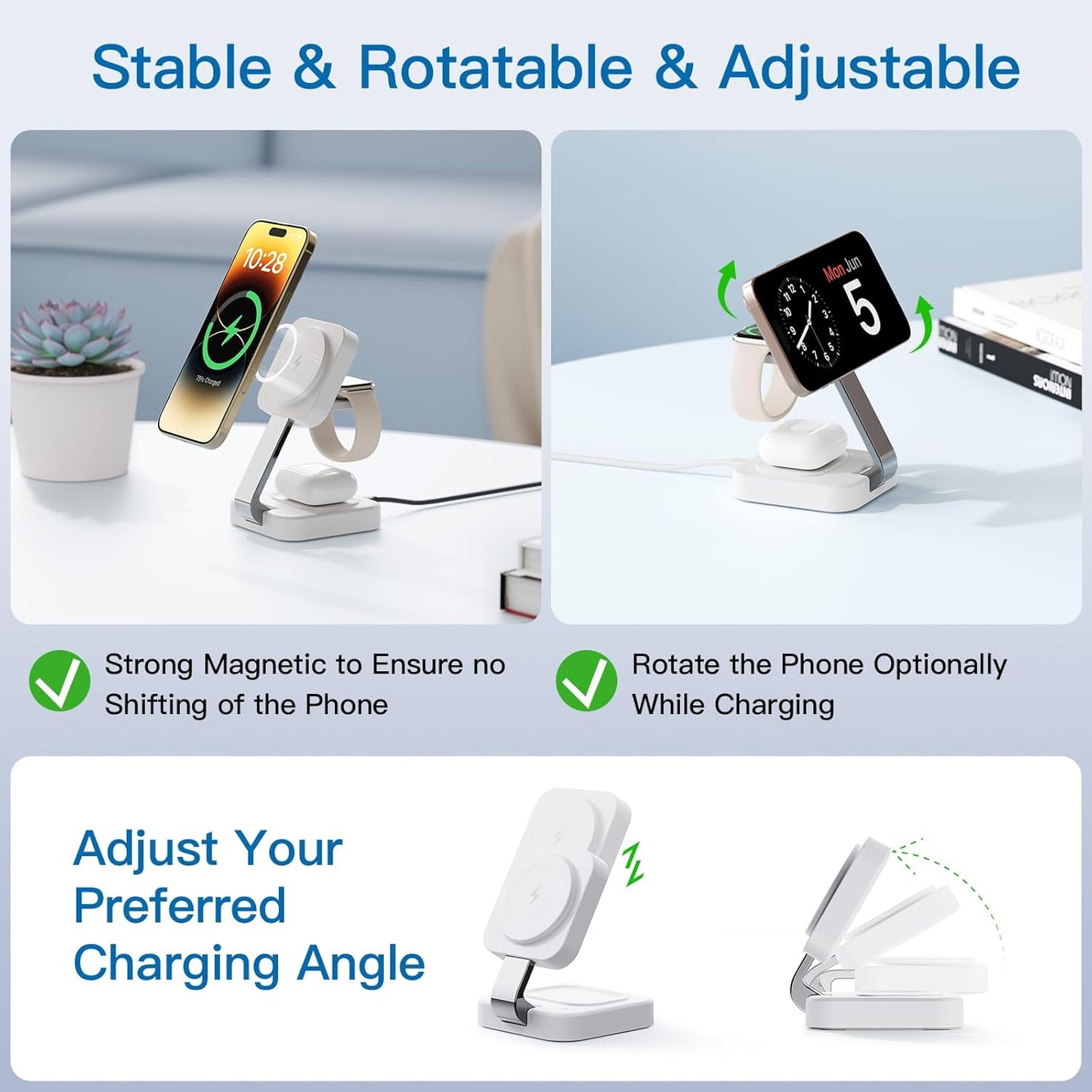 RYND 2026 Traveling Wireless Mag-Safe Fast Charging Station,Magnetic 3 in 1 Charger with iPhone 17 16 15 14 13 12 Pro Max Plus,Apple Watch Series & Air pods 4 3 2 Pro-Gifts for Wife & Husband(White)