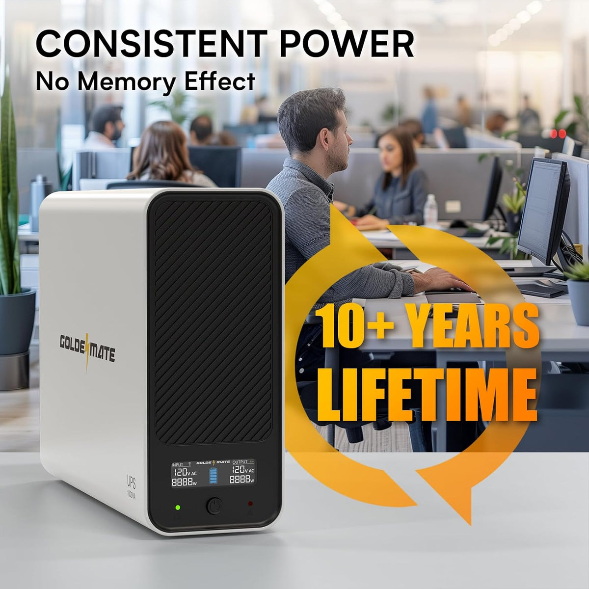 GOLDENMATE 1000VA/800W Lithium UPS Battery Backup & Surge Protector, White