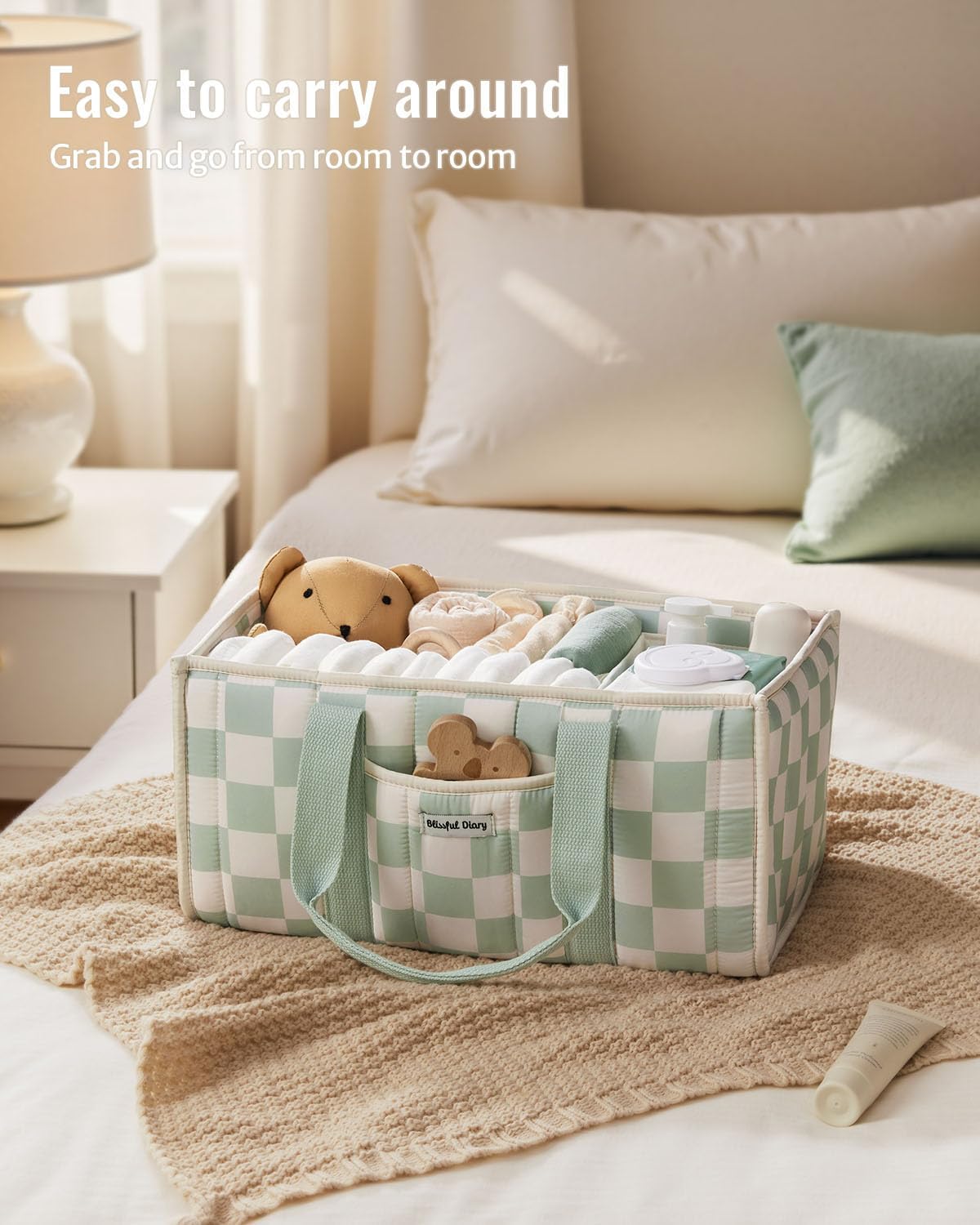 Blissful Diary Checkered Diaper Caddy Organizer, Stylish Nursery Storage Basket, Gift for Baby Shower, Newborn Essentials, Registry Search Must Haves, Sage Green