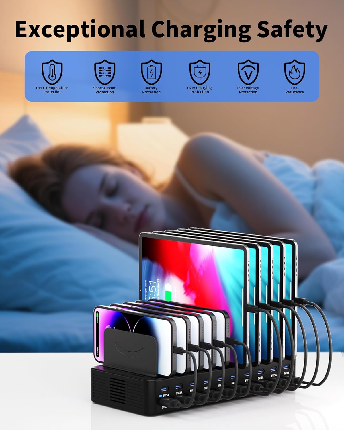 270W Charging Station for Multiple Devices, 20-Port USB Fast Charging Station with Adjustable Dividers & 10 Cables, Multi Device Organizer Charging Dock for iPhone, iPad, Tablets & More(Black)