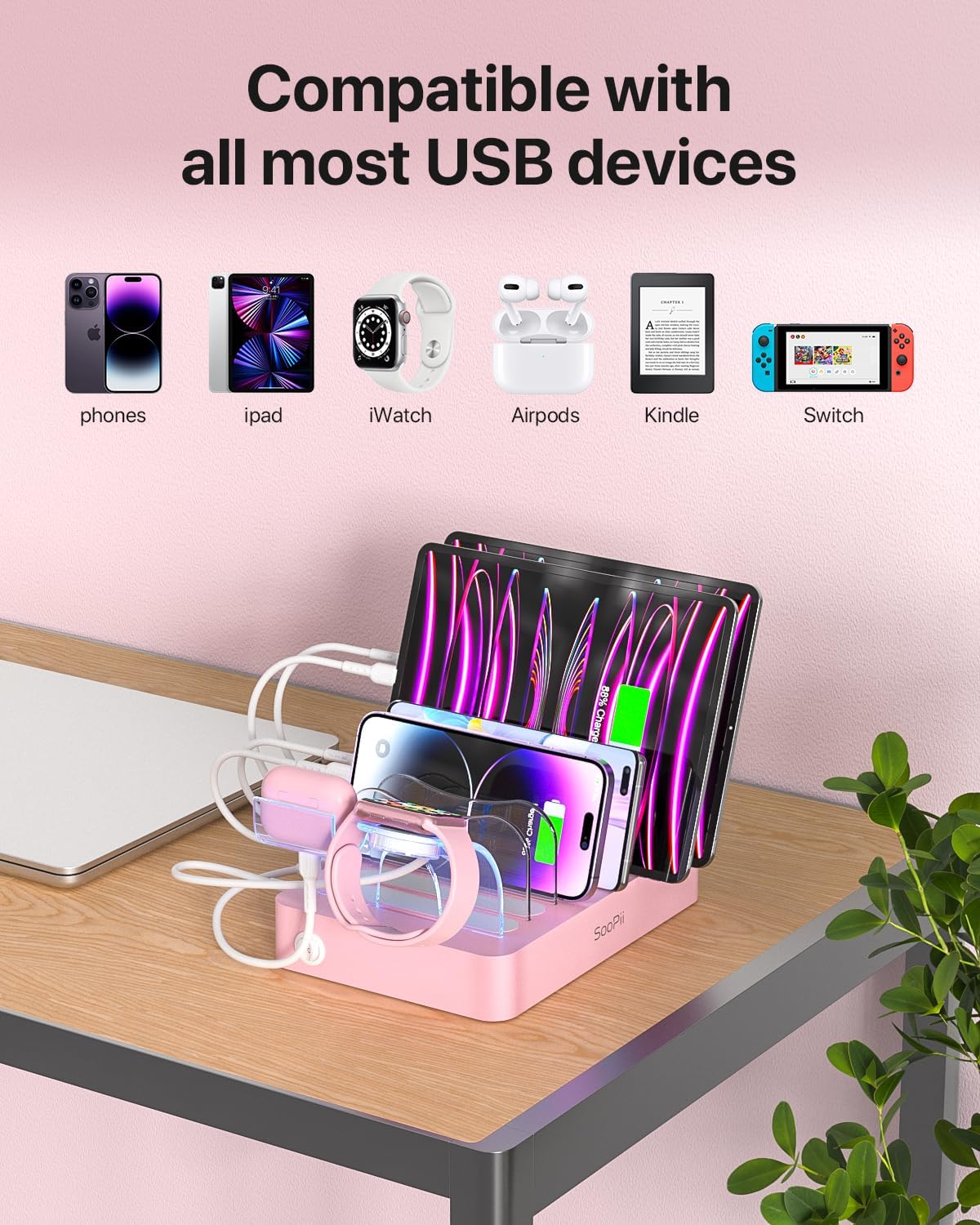SooPii Premium 6-Port USB Charging Station Organizer for Multiple Devices | Included 6 Short Charging Cables and One Upgraded i-Watch Charger Holder for Phones,Tablets and Other Electronics, Pink