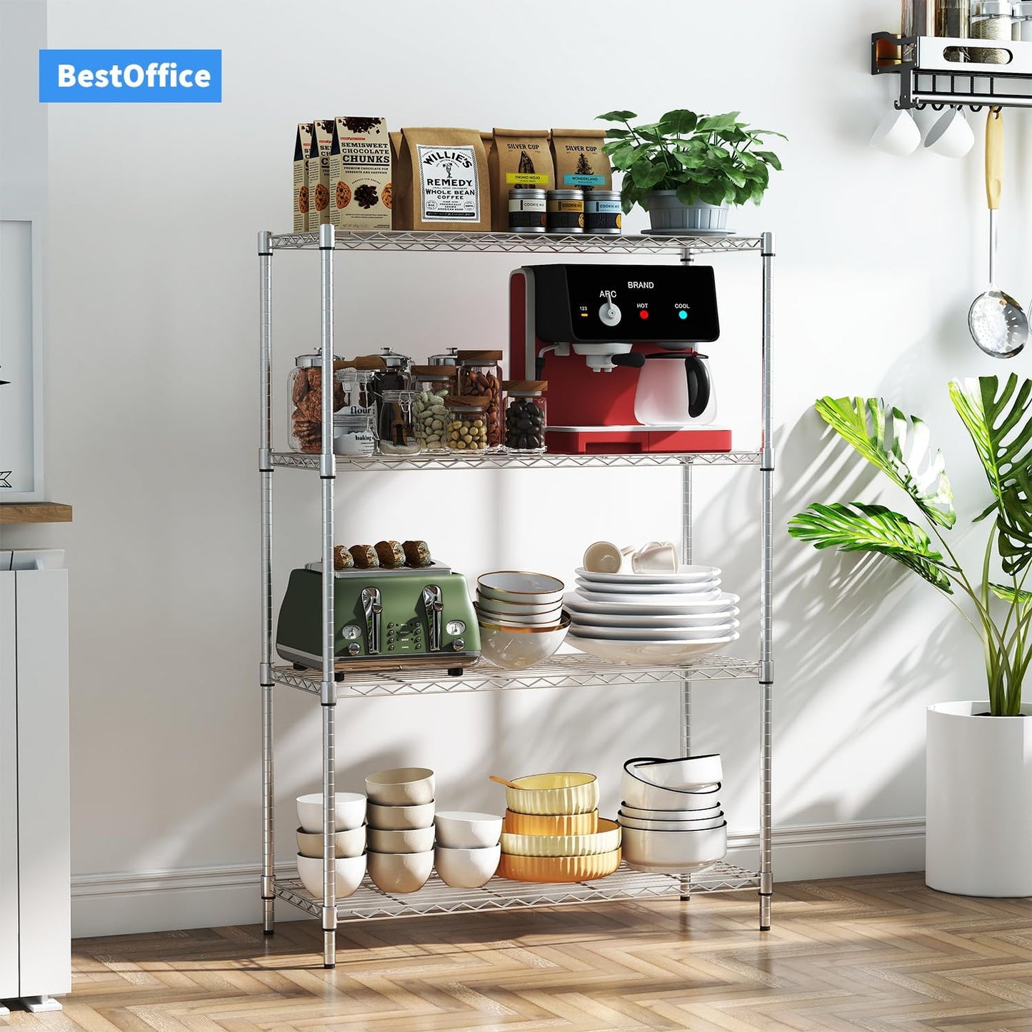 BestOffice | 4-Tier Wire Storage Shelves | 36x14x54 | Chrome | with Adjustable Racks | Heavy-Duty Metal Shelf, Holds Upto 1000 lbs | No-Tool Assembly | Ideal for Home & Garage Shelving
