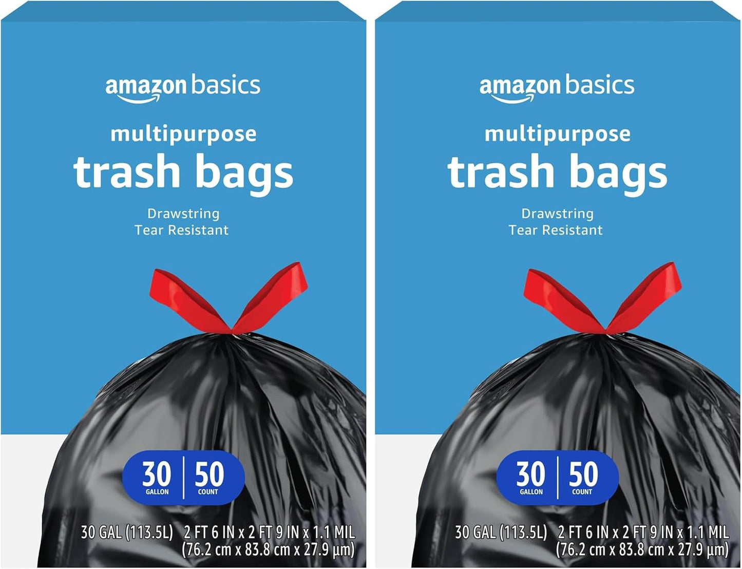 Amazon Basics Multipurpose Drawstring Trash Bags, 30 Gallon Capacity, Tear Resistant, 50 Count (Previously Solimo)