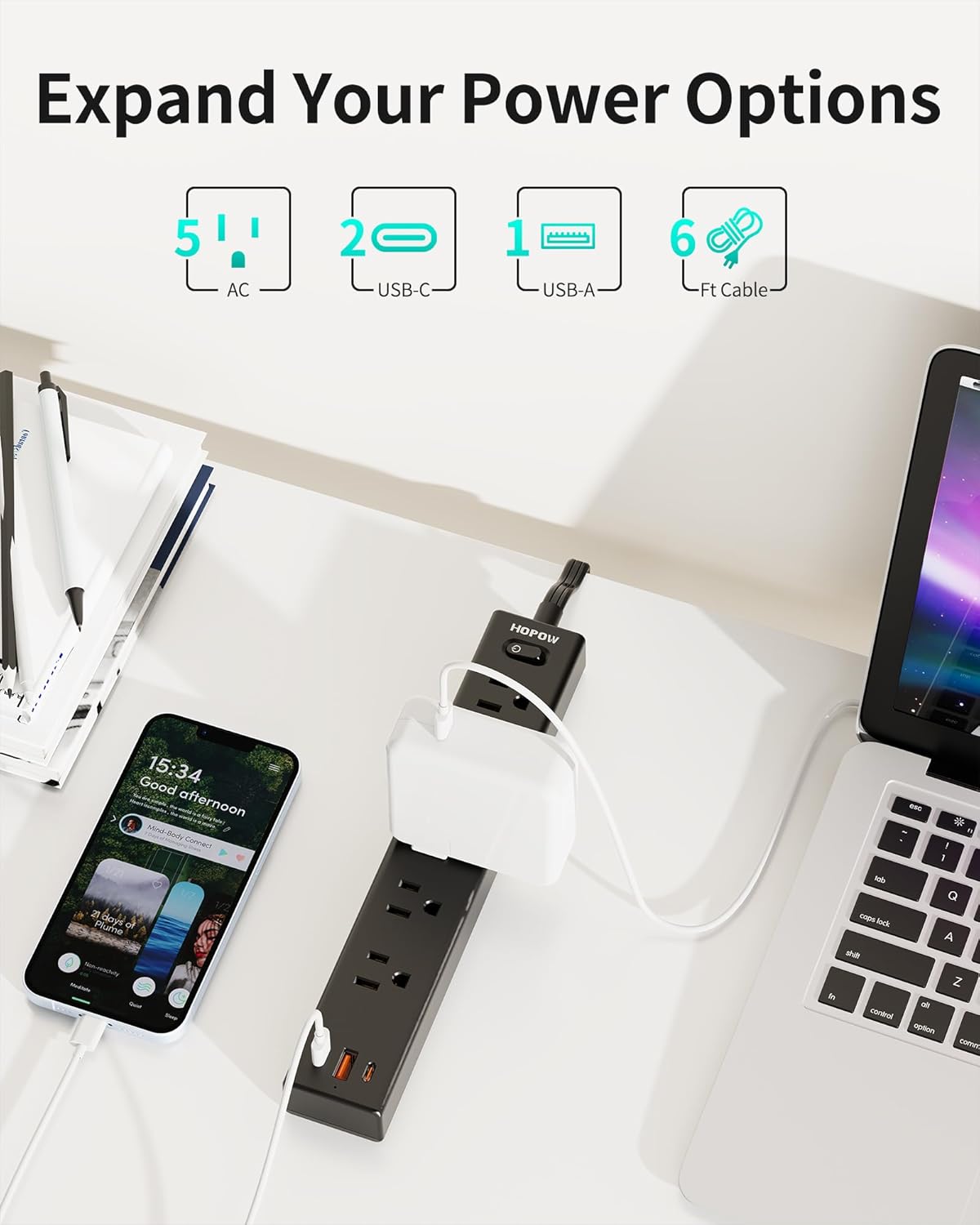 HOPOW Flat Plug Power Strip, 6 Ft Ultra Thin Extension Cord, Surge Protector with 5 Outlets & 3 USB Ports (2 USB C), 1700 Joules, Wall Mount, Desktop Charging Station for Home Office Dorm, Black