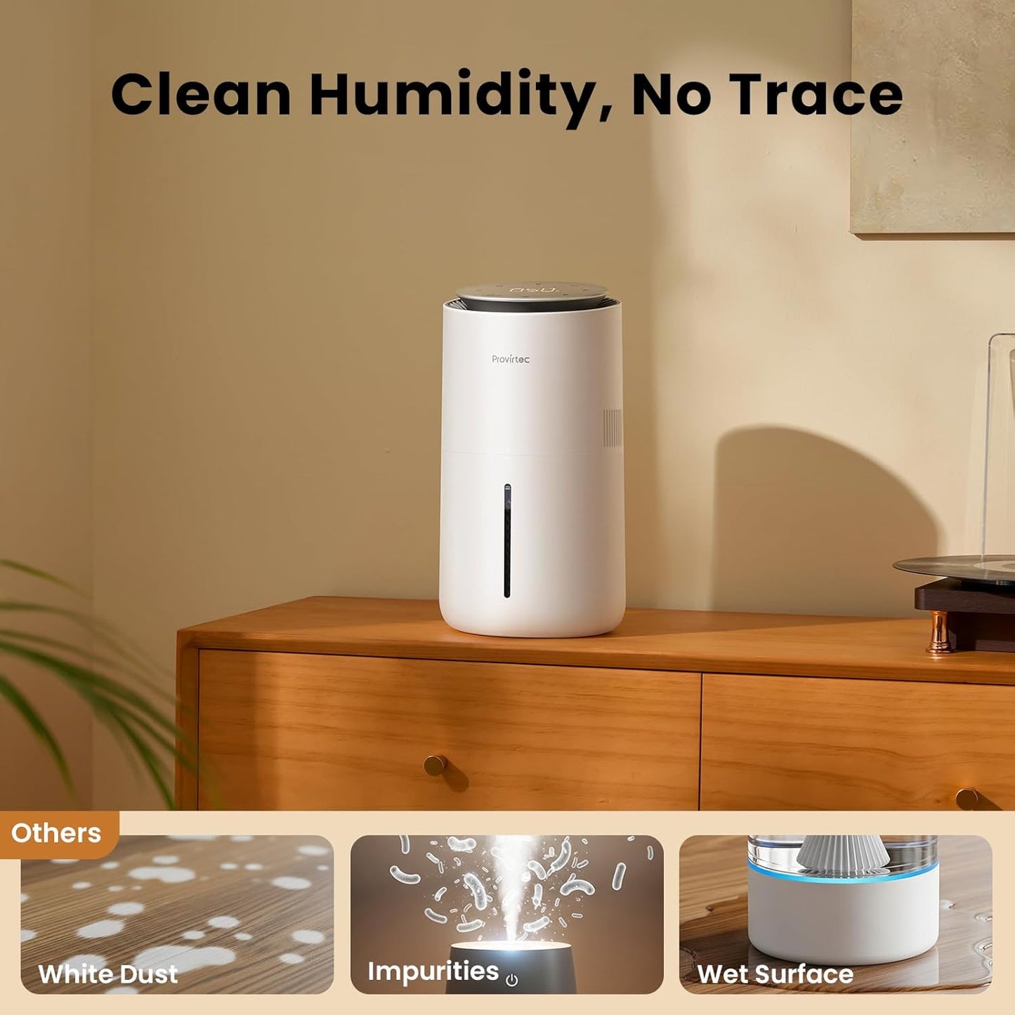 Provirtec MistFree Evaporative Humidifier for Bedroom, 3L No White Dust for Sensitive Individuals, Auto Humidity Control, Works with Tap Water, Night Light, Easy Clean Tank for Home & Small Room
