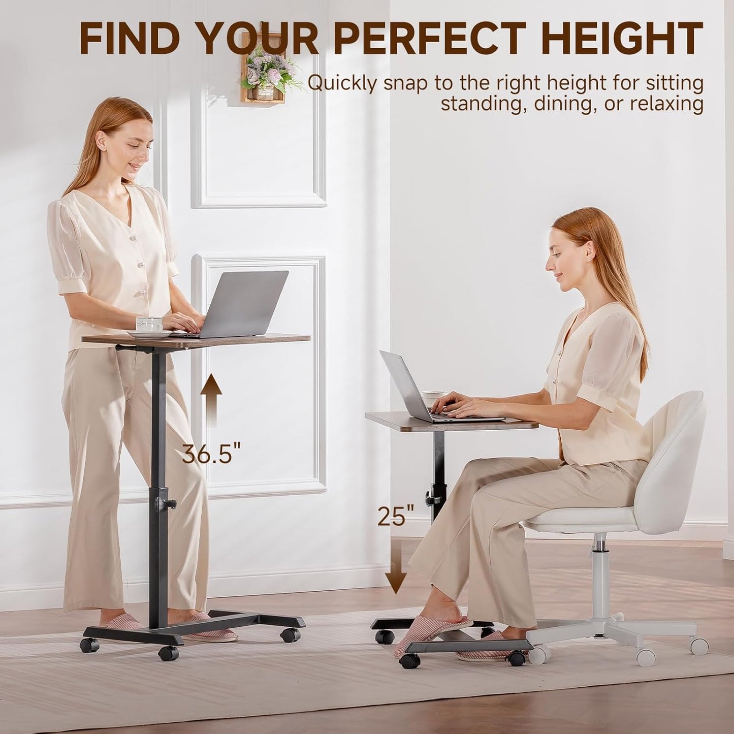 GTPLAYER Small Standing Desk, 24 Inches Foldable Mobile Rolling Laptop PC Table with Lockable Casters, Adjustable Height Overbed Bedside Table Computer Workstation for Home Office, Walnut-Foldable