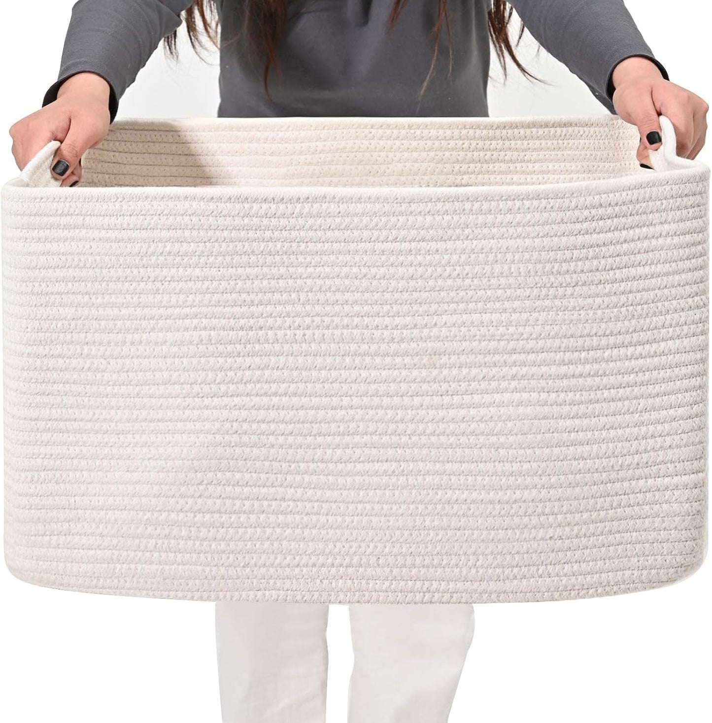 ICERZCZ Large Rectangle Blanket Basket, Large Storage Basket, Cotton Rope Woven Baskets for Storage with Handles, Toy Baskets for Baby Nursery Living Room Bedroom, 22”x17”x12”, White, 75L