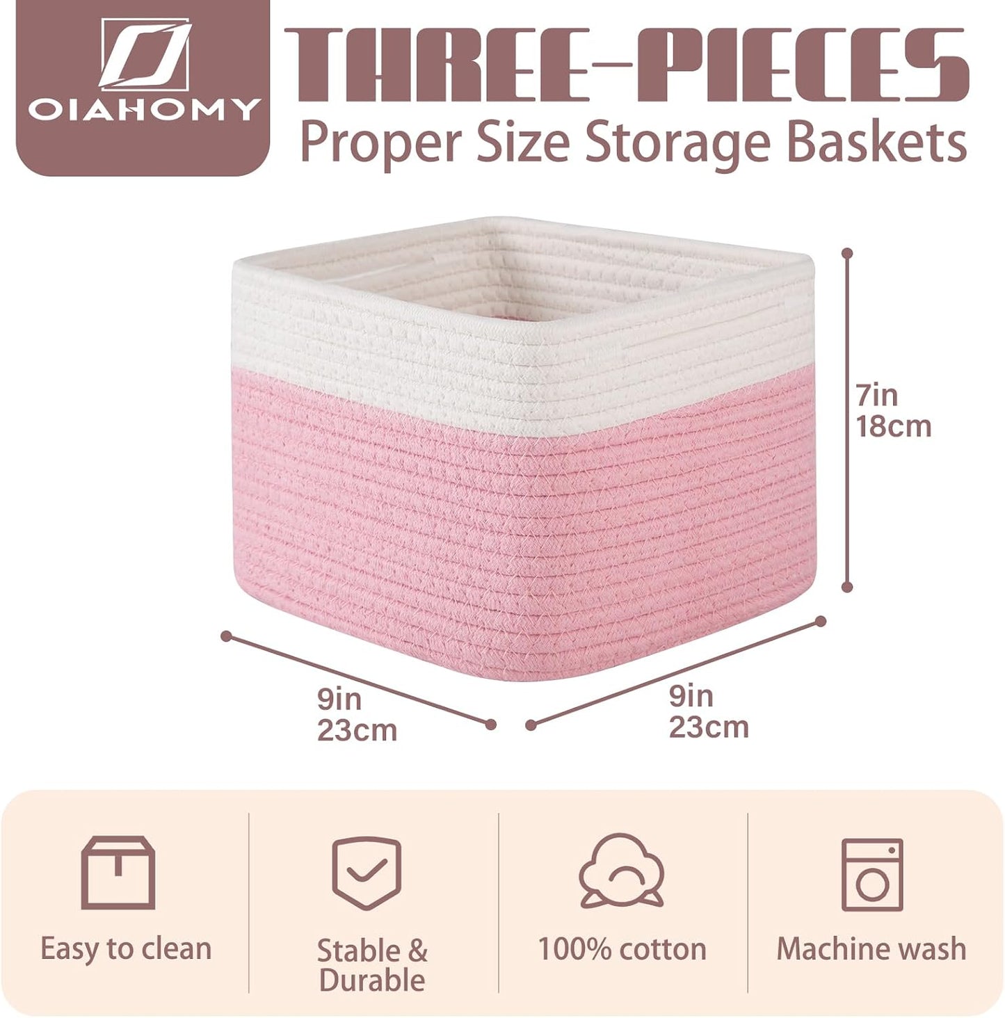 OIAHOMY 3 PACK Cube Storage Bins Storage Baskets Shelf Bins Pink&White | Storage Cubes Cotton Rope Woven Baskets for Organizing Basket for Gifts Storage Baskets for Shelves Cute Baskets