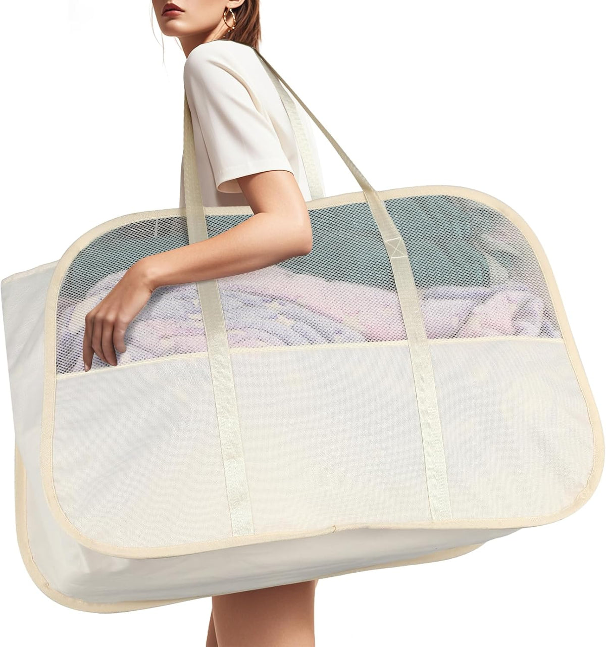 Collapsible Laundry Baskets with 3 Compartment, 150L Tear-proof Pop Up Hamper, Foldable Laundry Basket with Tote Handles, Dirty Clothes Hamper for Laundry, Bedroom, Bathroom, Dorm Beige