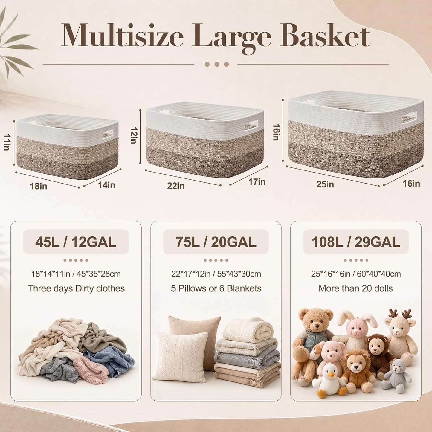 OIAHOMY Blanket Basket Laundry Basket Dog Toy Basket 75L Gradient Grey | Large Storage Basket,Baby Basket,Toy Storage,Woven Rope Basket for Blankets,Blanket Storage for Living Room
