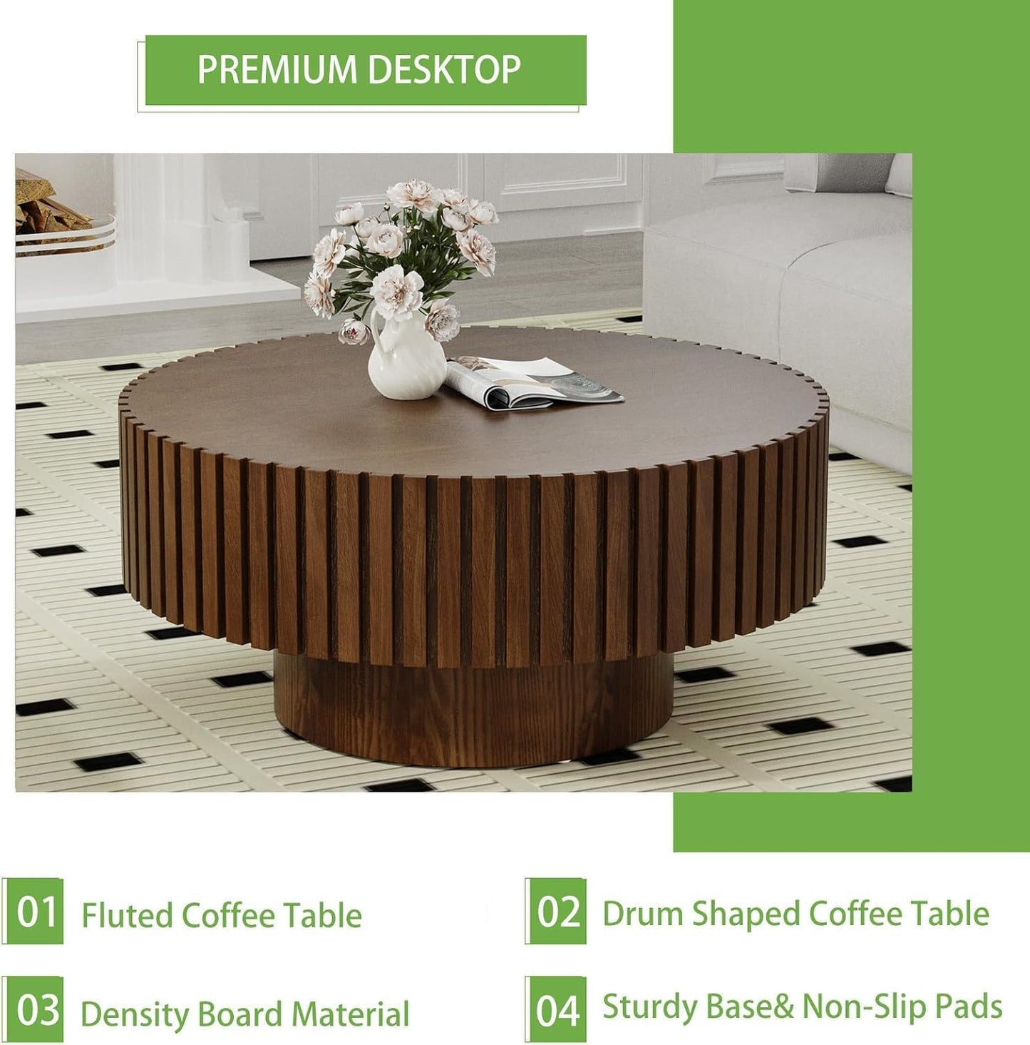 Artisan-Crafted Round Fluted Coffee Table (Walnut 31in) | Solid Wood Drum Base with Detailing, Handmade Circular Centerpiece for Living Room, Rustic Modern Home Decor